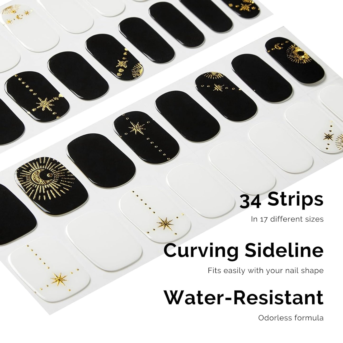 Semi Cured Gel Nail Strips - NAILOG 34 Pcs Gel Nail Stickers Buy 2 Get 1 UV Light | Long Lasting Nail Wraps with Glossy Gel Finish Black, Astral Glyphs