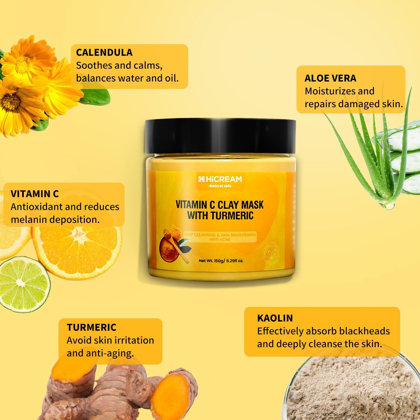 Turmeric Vitamin C Clay Mask with Kaolin Clay and Turmeric for Dark Spots, Dull Skin, Skincare Facial Mask for Controlling Oil and Refining Pores 5.29 Oz (yellow)