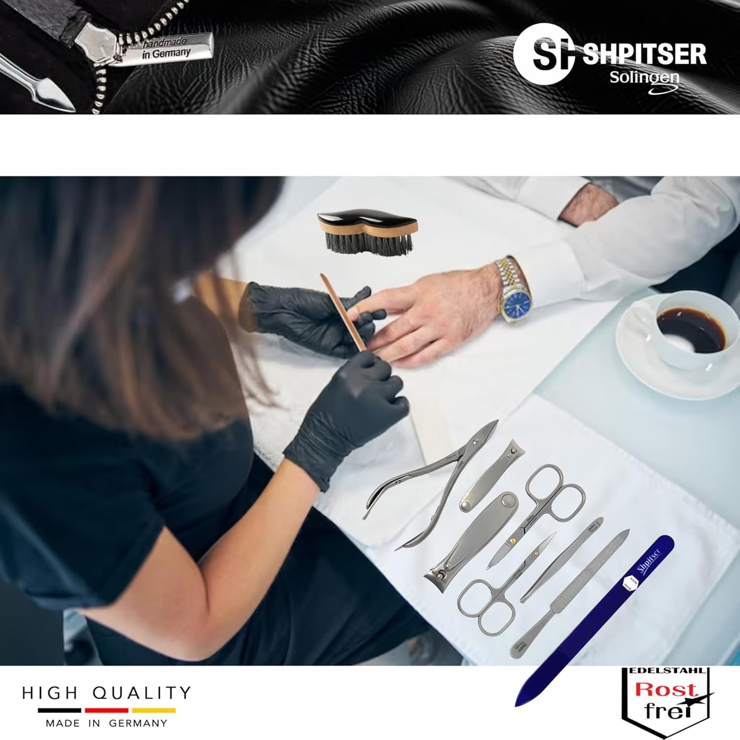 SHPITSER Professional 7pc TopInox Surgical Stainless Steel Tools Manicure Pedicure Set in Genuine Durable Leather Case Handmade in Solingen Germany for Nail and Cuticle Care