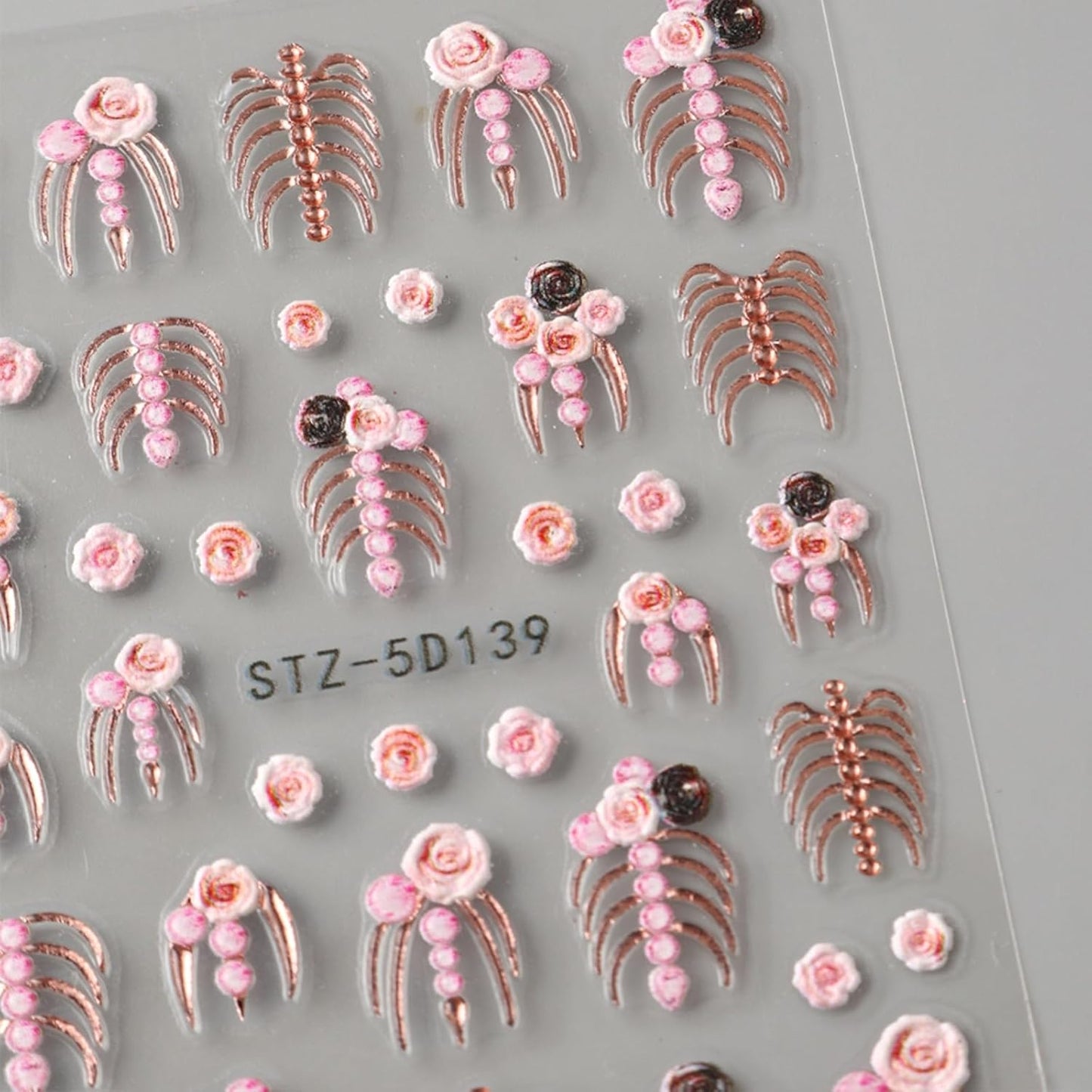 2Pcs Halloween Nail Art Stickers 5D Embossed Halloween Nail Decals Gold Pink Skeleton Bone Rose Blossom Pattern Nail Designs Stickers Skull Nail Supplies for Women Manicure Tip Decorations Accessories