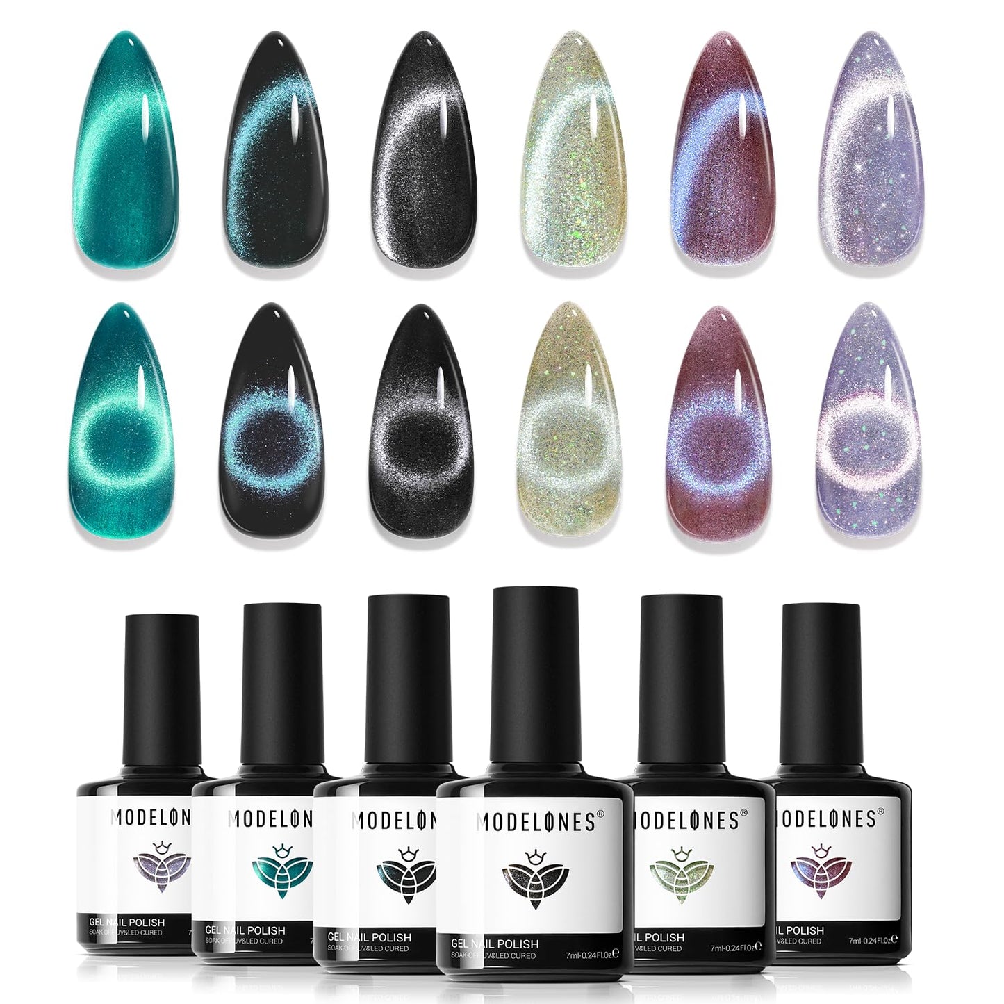 modelones Cat Eye Gel Nail Polish Set, 6 Colors Fall Winter Holographic 9D Glassy Cat Eye Glitter Gel Polish Set Black Blue Purple Green Nail Polish Kit with Magnet Soak Off LED Nail Art DIY Gift