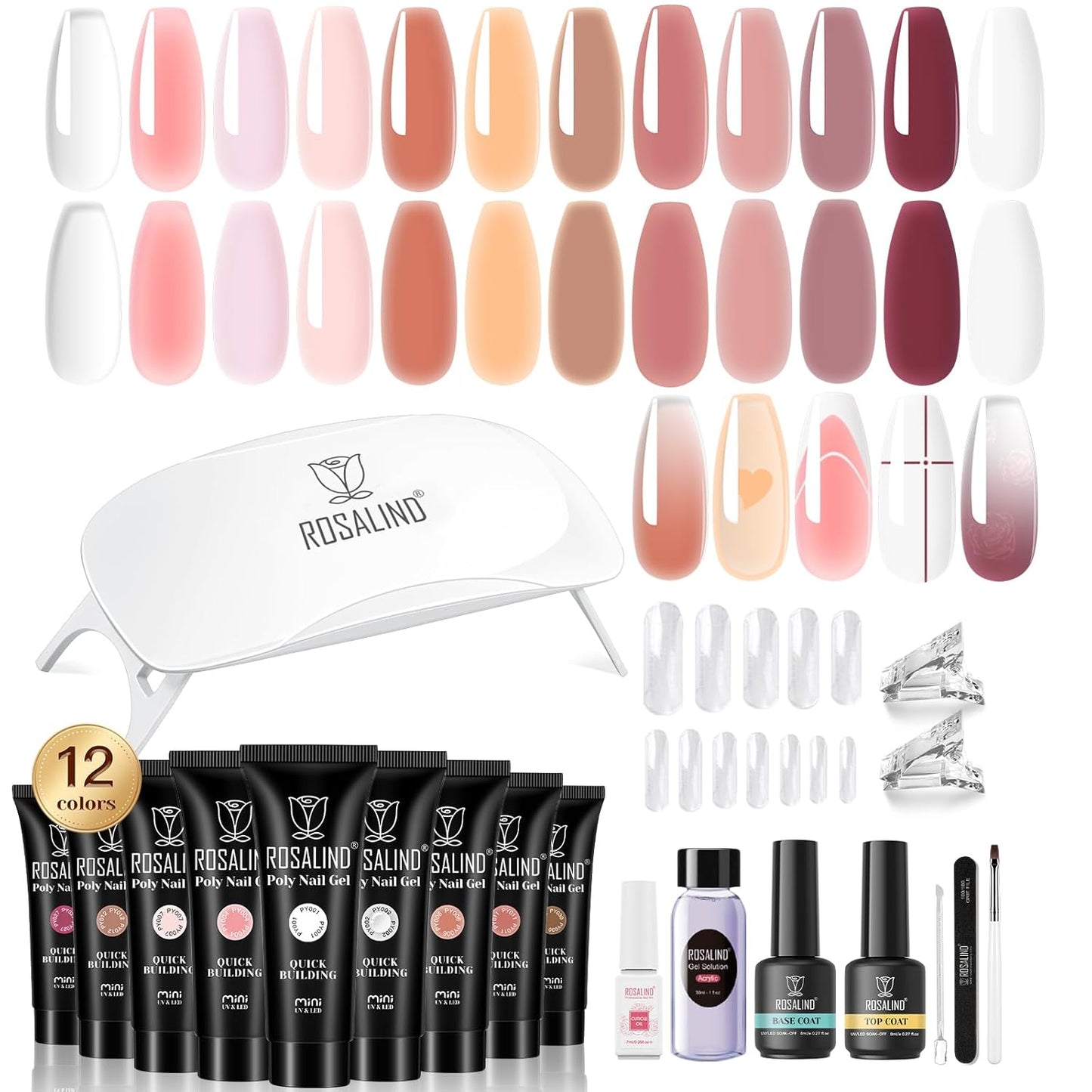 ROSALIND Pink Poly Nail Gel Kit -12 Colors + Nail Art Accessories Kit Poly Nails Gel Starter Kit with Slip Solution All Seasons Classic Colors Nails Extensions Set with Mini UV Lamp