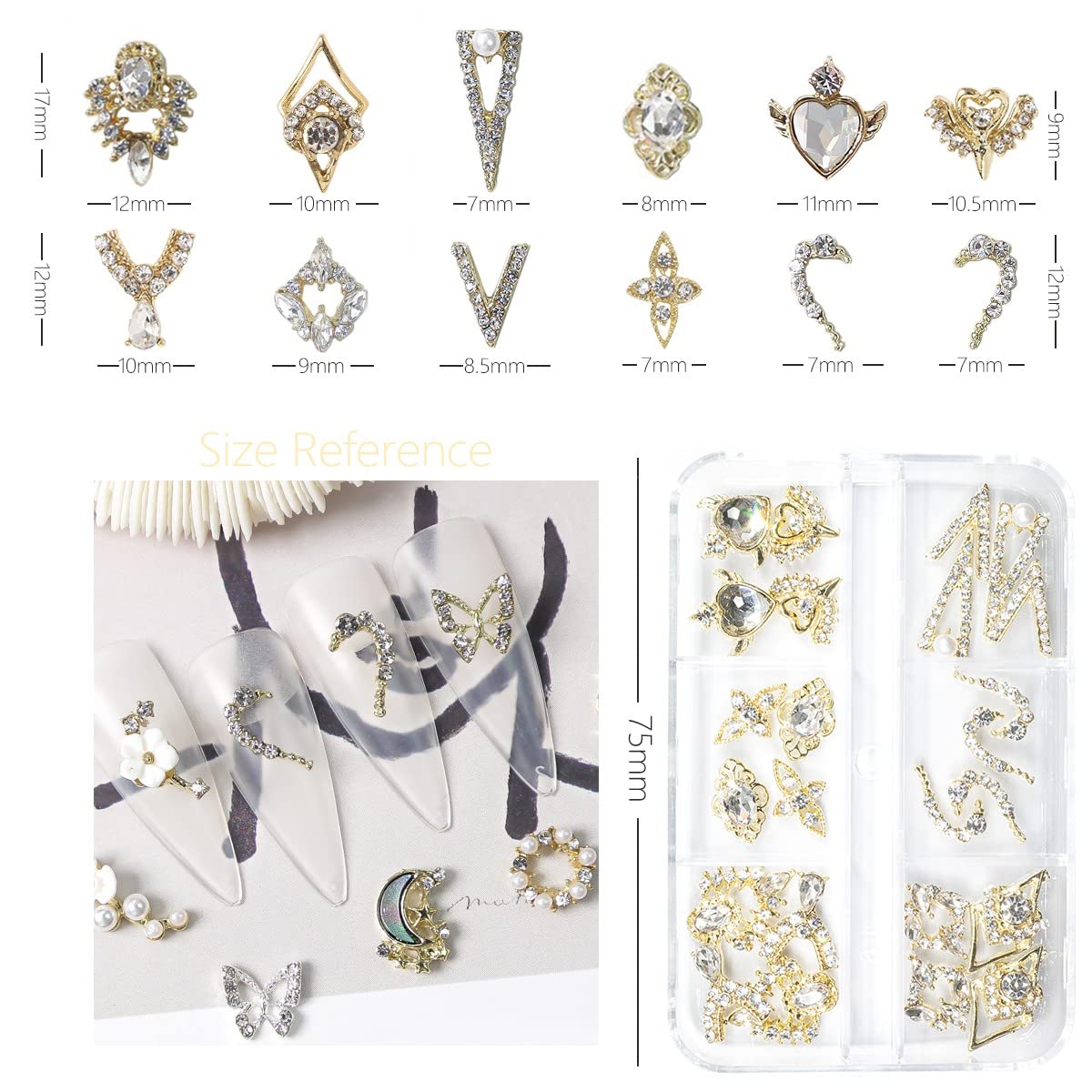 12 Pair 3D Alloy Gold Nail Art Rhinestones - Heart Shaped Nail Charms, Golden Nail Crystal Diamonds Jewelry Stones Studs for Nails Decor Crafts