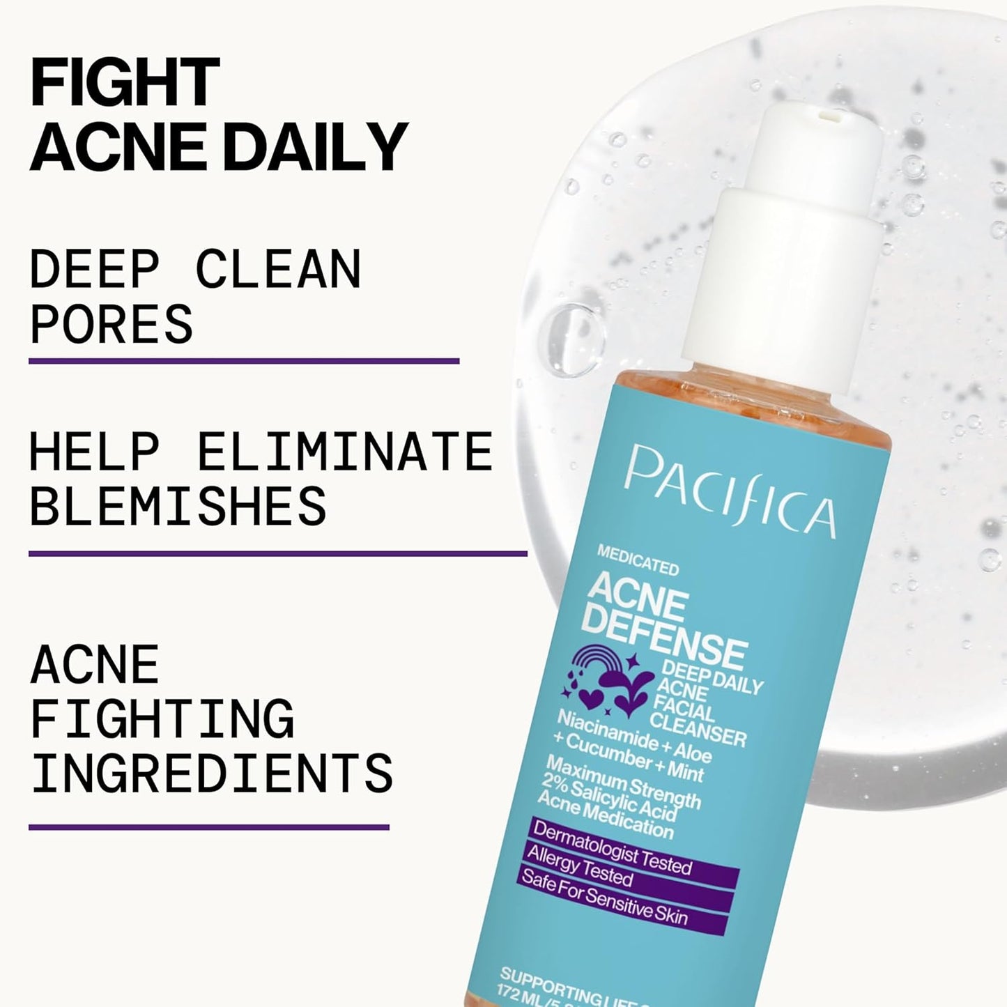 Pacifica Acne Defense Face Wash - Deep Pore Purifying Face Cleanser - w/ 2% Salicylic Acid, Pore Reducing Niacinamide & Inflammation Reducing Cucumber - for Sensitive Skin Vegan Dermatologist Tested