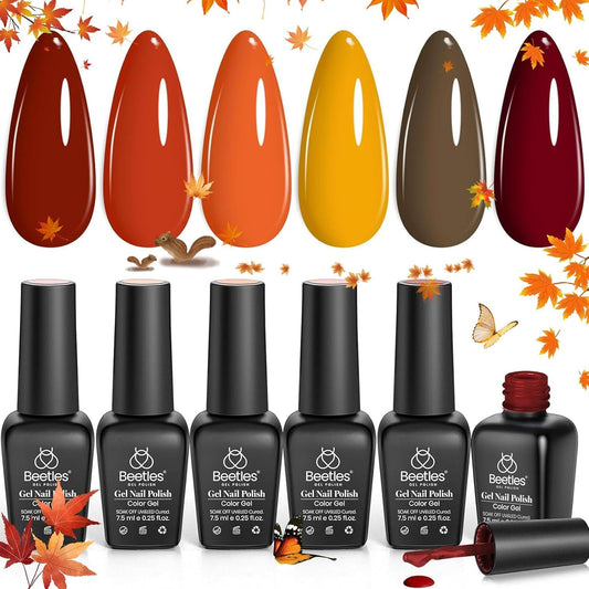 Beetles Fall Gel Nail Polish Set - 6 Colors Burgundy Red Orange Yellow Brown Gel Polish Kit for Nails, Autumn Leaves Soak Off UV LED Nail Gel Manicure at Home Gifts for Women