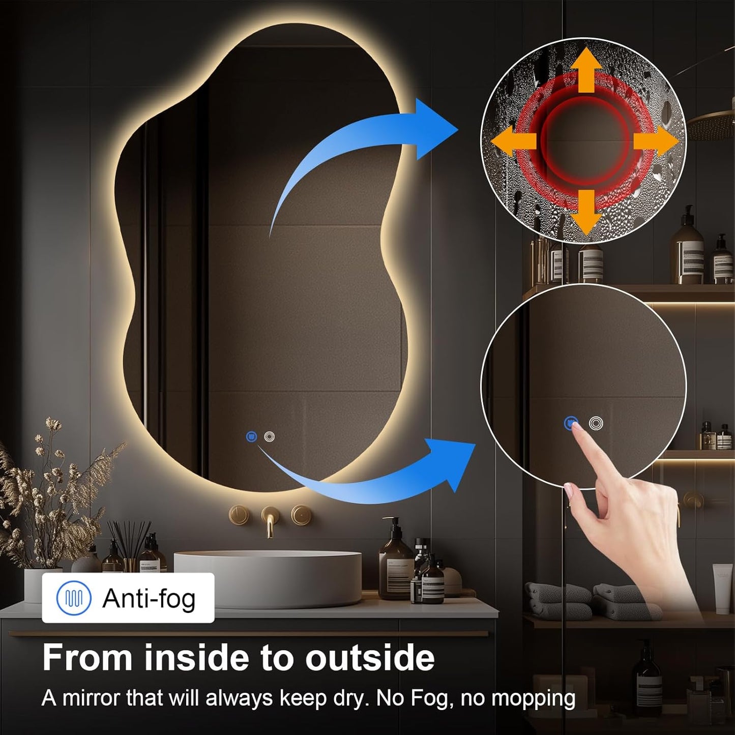 48"x30" Irregular LED Lighted Vanity Mirror for Bathroom, Front and Backlit, Anti-Fog, 3-Color Dimmable Lighting, Wall Mount [Horizontal/Vertical]