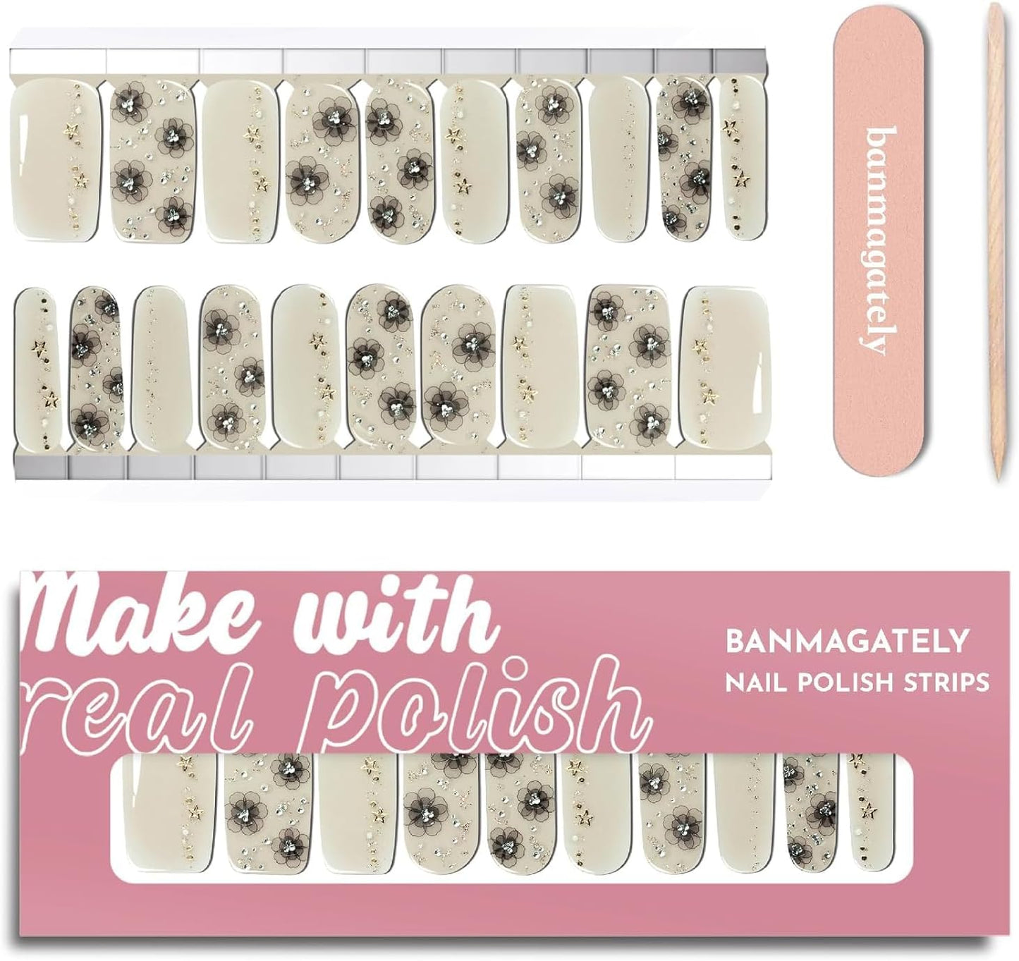 Nail Polish Strips, 20Pcs Salon Quality Gel Nail Stickers, Easy Long Lasting Wraps for Short Nails no UV Light Needed (Grey Flower)