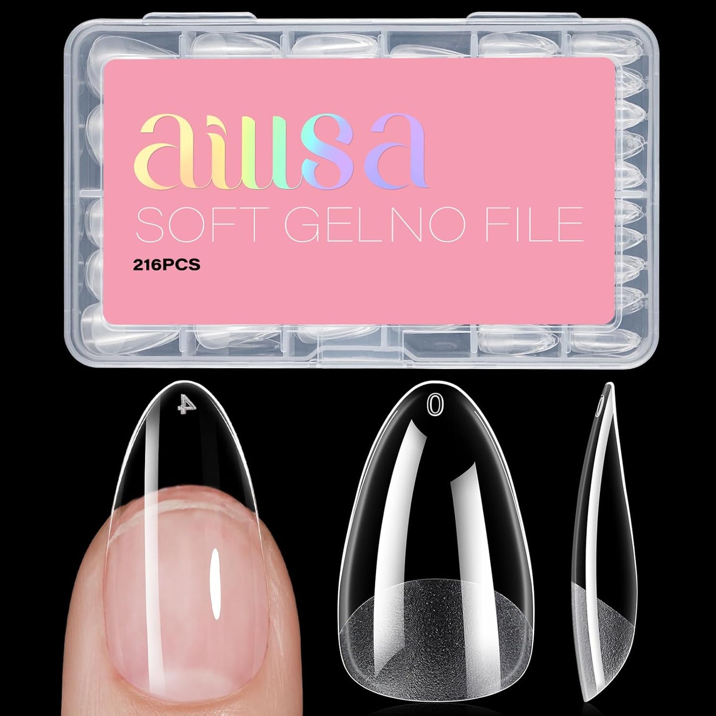 AILLSA Medium Almond Nail Tips Gel Half Matte Acrylic Nail Tips Clear Gelly Full Cover Pre-Filed Press on Nail tips Fake Nails For Extentions Manicure Salon Home DIY 216PCS 12 Sizes