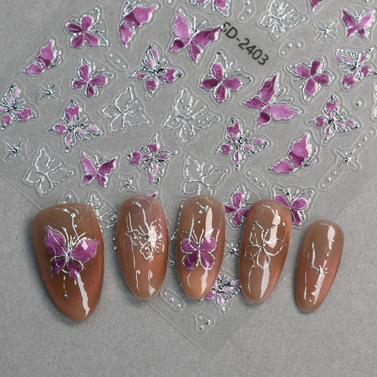 5D Butterfly Nail Stickers 6 Sheets Embossed Butterfly Nail Decals Pink Purple Self Adhesive Nail Art Stickers for Gel/Acrylic Nails, DIY Gift, Women Manicure Decorations