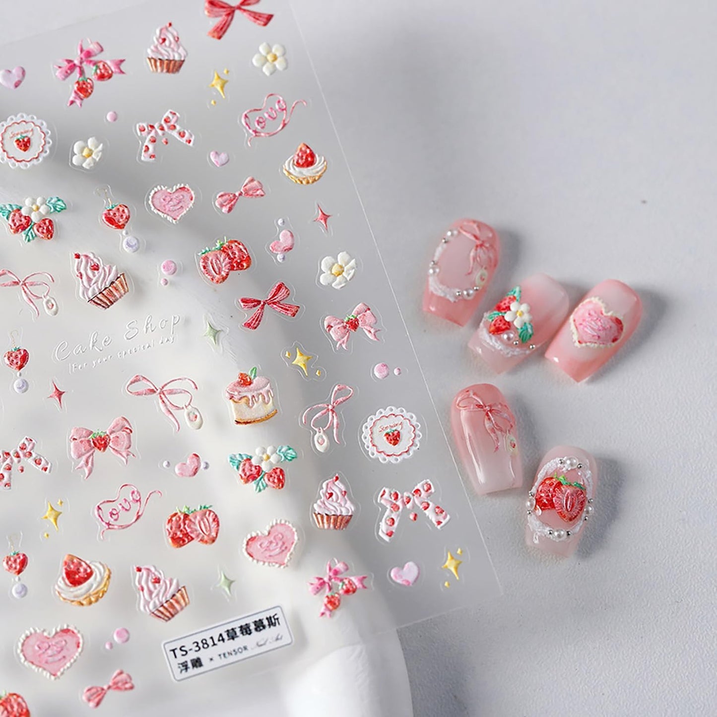 5D Embossed Bow Nail Stickers Pink Bow Nail Decals for Acrylic Nails Designs Self Adhesive Pink Star Cake Flower Nail Art Stickers Cute Bow Nail Art Supplies for Women Nail Accessores