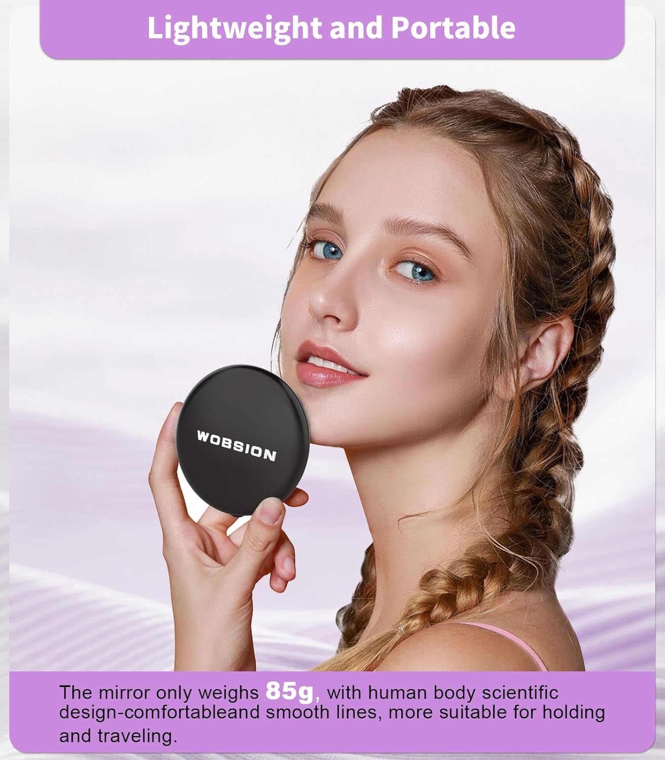 WOBSION Travel Compact Mirror,Portable 1x/10x LED Makeup Mirror with Magnification,Handheld 2-Sided Pocket Mirror, 3.5in Small Mirror for Purse,Handbag,Gift,Black