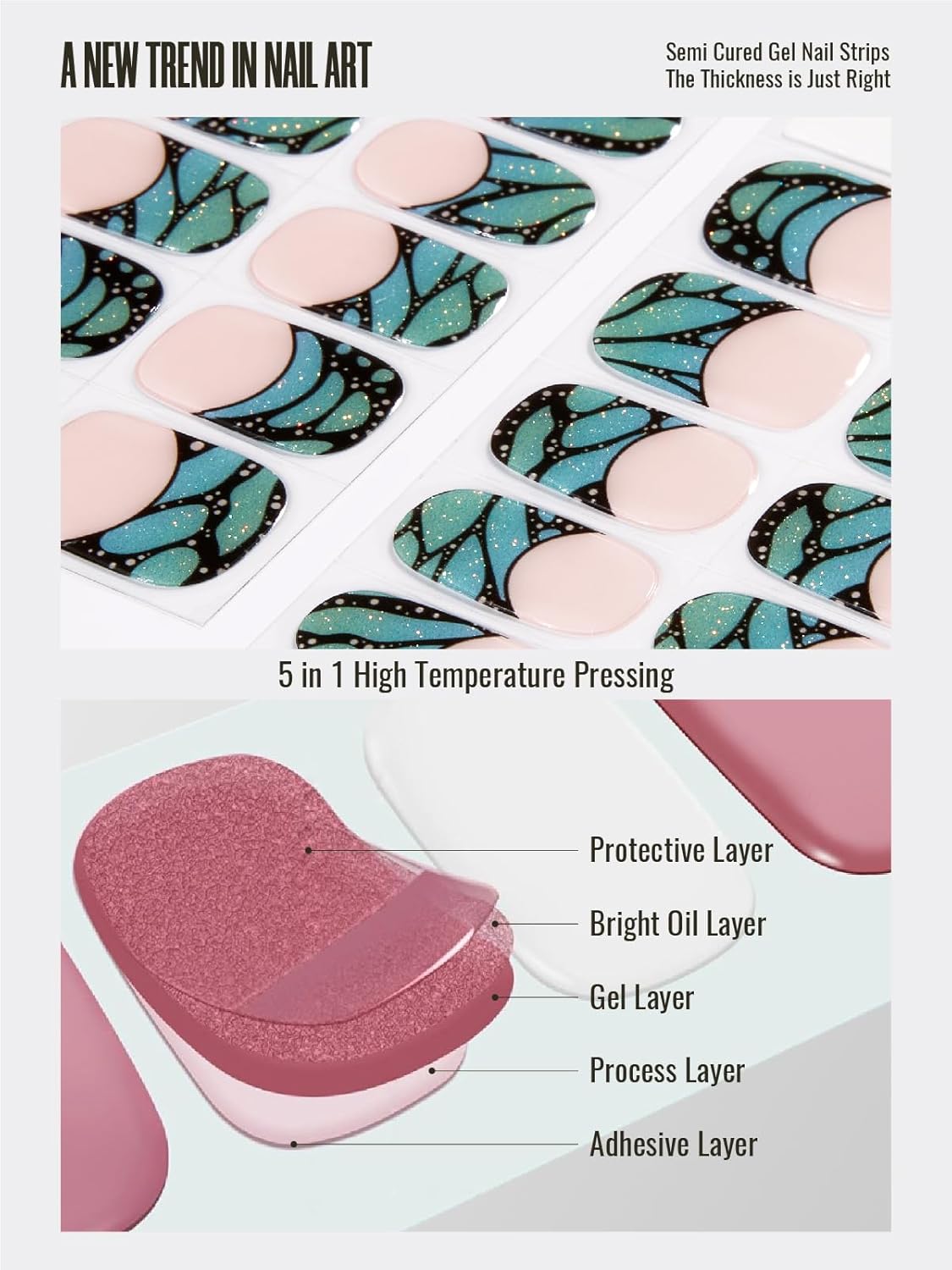 Semi Cured Gel Nail Strips, 30pcs Gel Nail Wraps, Easy to Apply, 2 Weeks Long Lasting (Cyan Butterfly Magic)