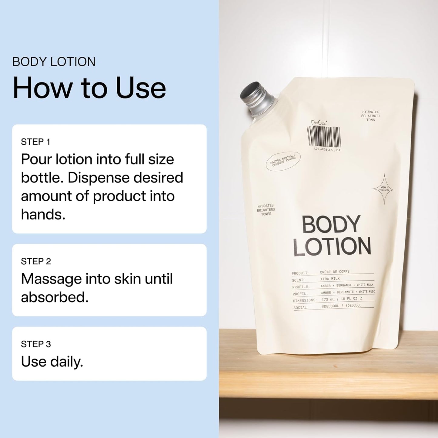 DedCool Body Lotion Refill | Xtra Milk | Deeply Hydrating Lightweight Formula with Ceramides, Snow Mushroom & Meadowfoam Oil | Soft Musk, Bergamot & Amber Scent | Non-Toxic, Vegan Skincare | 16 fl oz