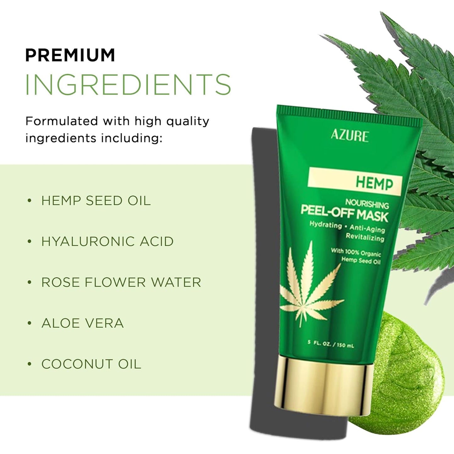 Azure Cosmetics Hemp Nourishing Peel Off Facial Mask- Anti Aging & Hydrating Face Masks - Removes Blackheads, Dirt & Oils - With Hemp Oil and Hyaluronic Acid - Skin Care - 150mL / 5 fl.oz.