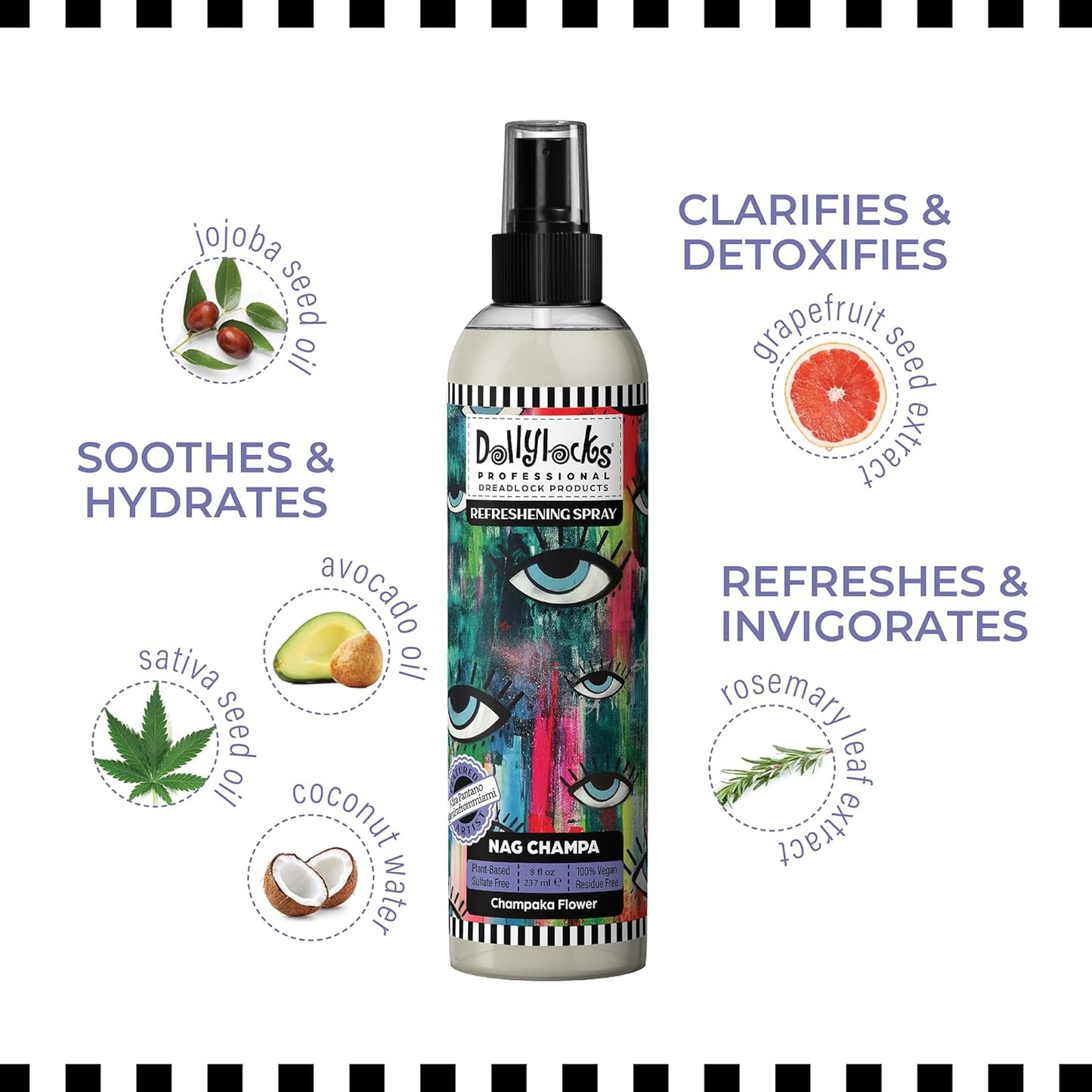 Dollylocks Refreshening Spray – Residue-Free Dreadlock Spray & Loc Moisturizer, Plant Based Deodorizer & Conditioner for Dreads, Vegan & pH-Balanced (Nag Champa Scent, 8oz)