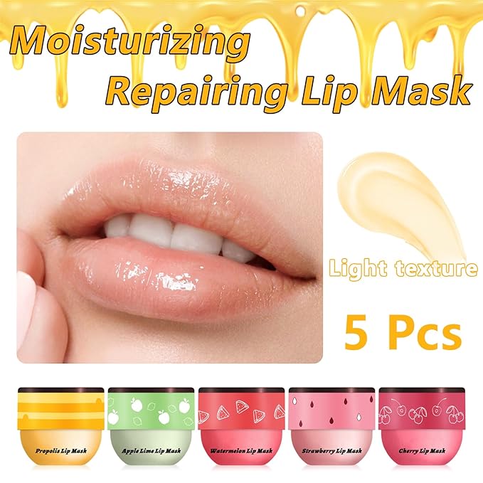 5 PCS Bee Balm Lip Balm Lip Mask Honey Pot, Lip Mask Propolis Moisturizing Lip Balm, Hydrating Prevention Dry and Cracked Lip Scrubs Exfoliator Lip Care (Strawberry&Watermelon&Honey&Apple Lime&Cherry)