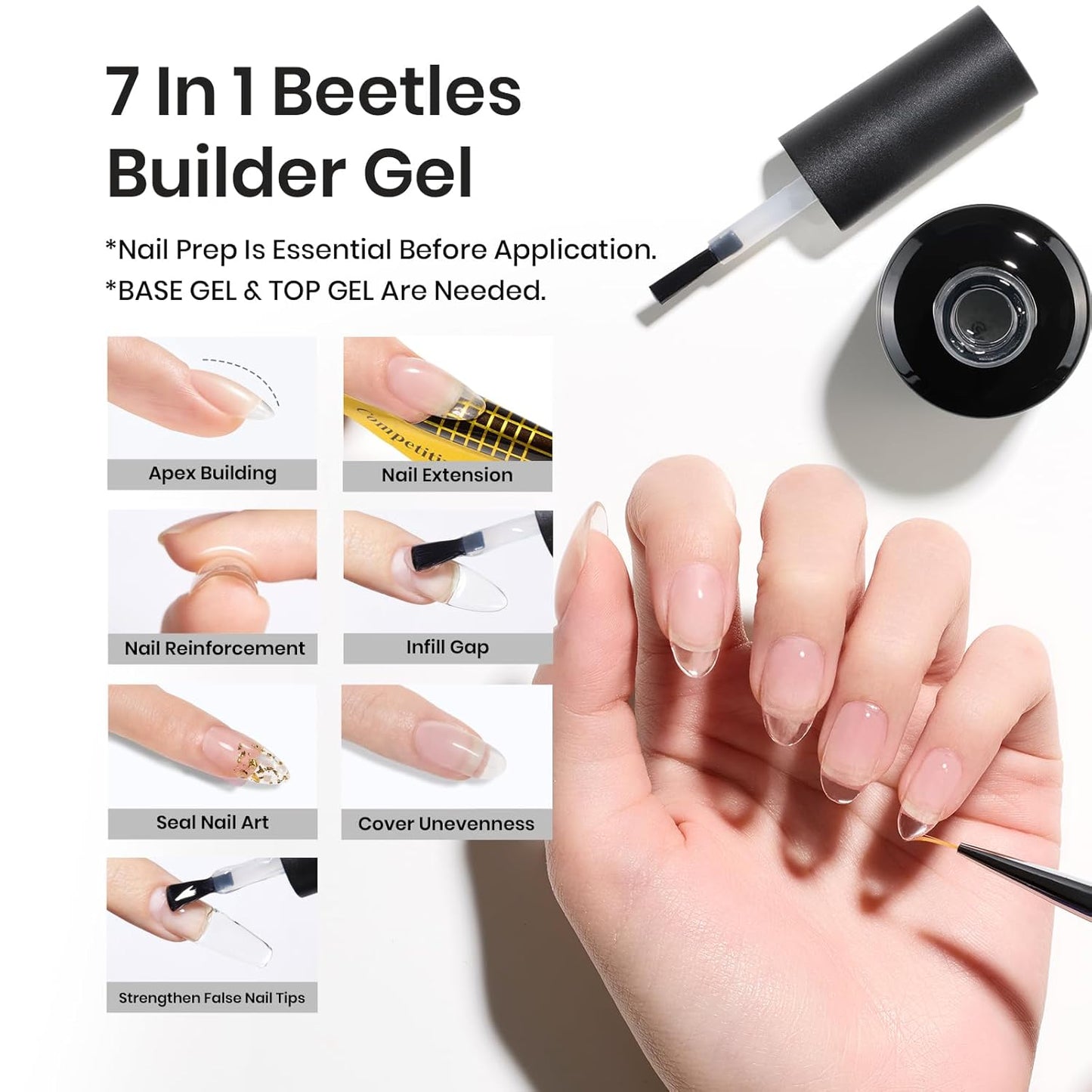 Beetles Builder Gel for Nails 7-in-1 Clear Builder Nail Gel Kit for Nail Extension Strengthening with Decoration Detachable Liner Nail Brush for Beginner Women