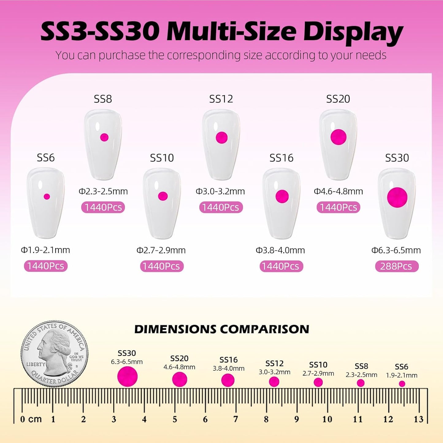 Neon Rose Flatback Rhinestones, Glass Rhinestones for Nail Art and Craft, Glue Fix, Loose Crystal Gemstones(Neon Rose, SS8, 1440pcs, 2.3-2.5mm)