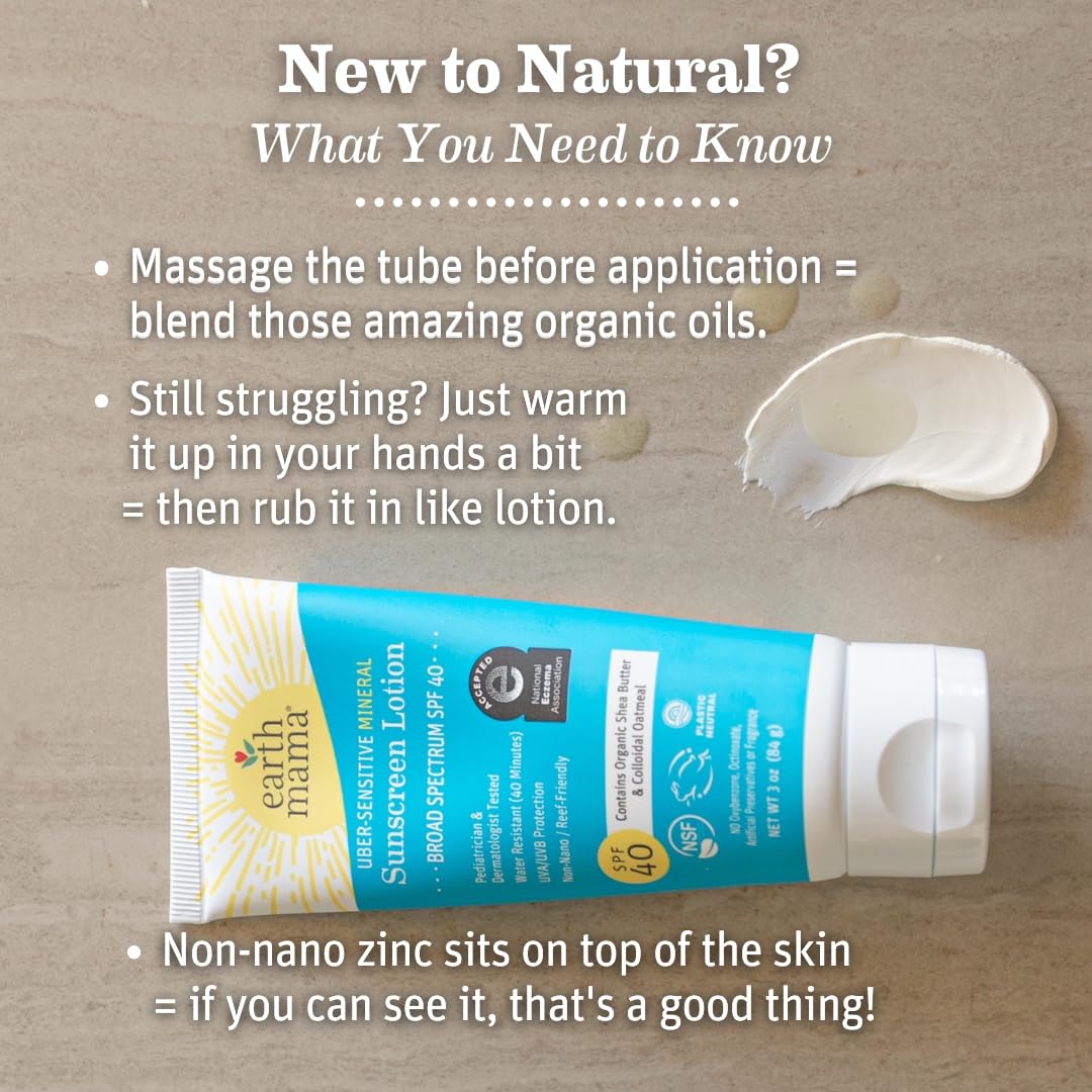 Earth Mama Uber-Sensitive Mineral Sunscreen Lotion SPF 40 | Non-Nano Zinc, Contains Organic Colloidal Oatmeal | Steroid-Free Eczema Cream for Baby, Kid & Family, 3-Ounce, 2-Pack