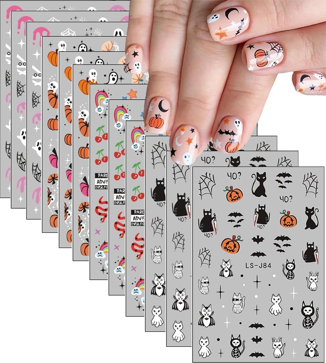 12 Sheets Halloween Nail Art Stickers Pumpkin Nail Decals Black Cat Nail Stickers Self Adhesive Bat Spider Web Snake Nail Art Supplies for Women Girls DIY Manicure Nail Art Decorations