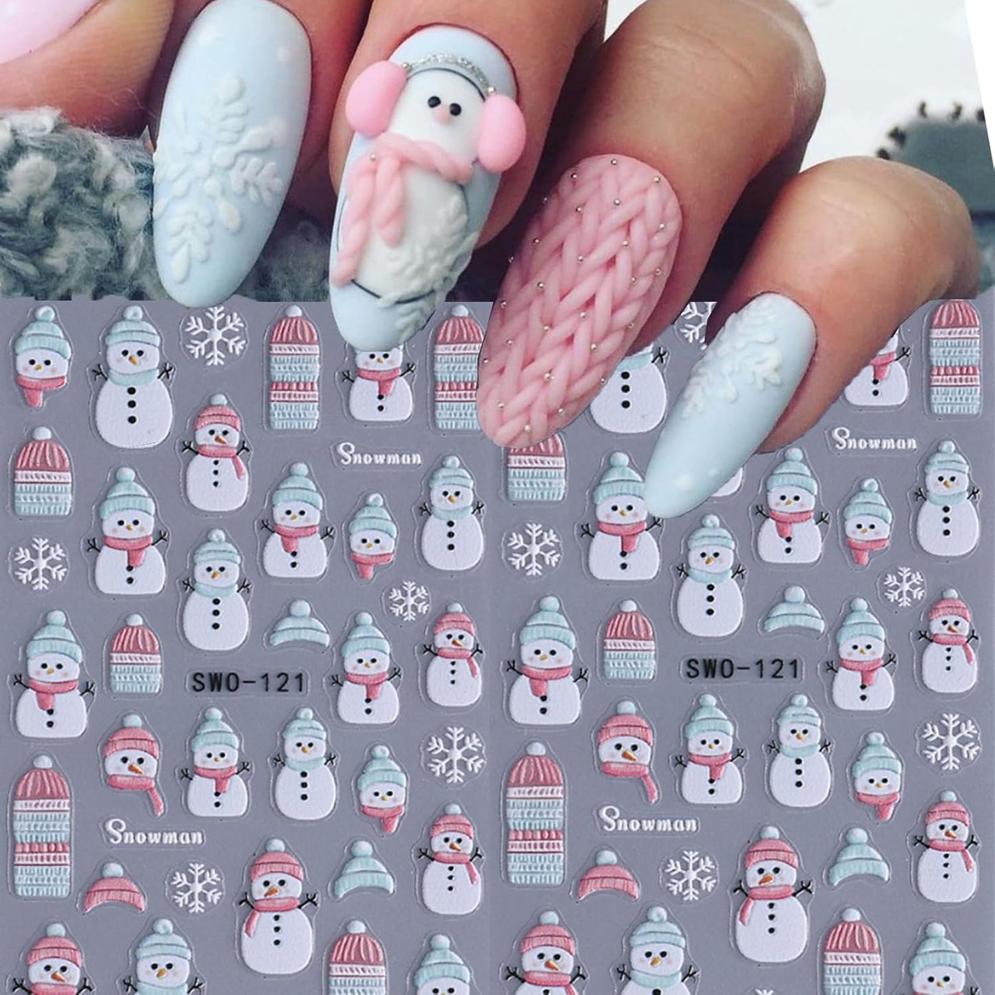2Pcs Christmas Nail Art Stickers Decals 5D Embossed Winter Nail Decals Snowflake Nail Stickers Pink Blue Hat Scarf Snowman Nail Supplies New Year Winter Nails Supplies for Women Manicure Decoration