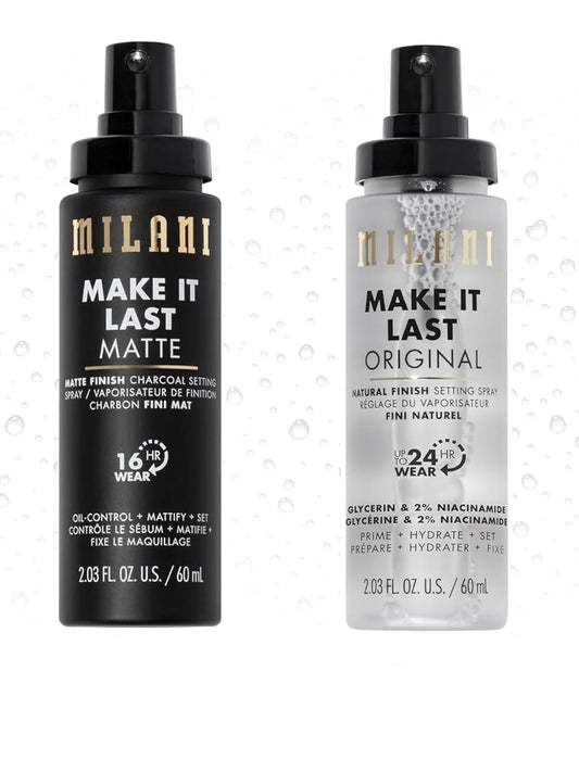 Milani Setting Spray + Primer, Make It Last Original - Natural Finish with Niacinamide for Hydration & Make It Last Matte- Oil Absorbing Charcoal Formula to Control Shine - 2 Pack