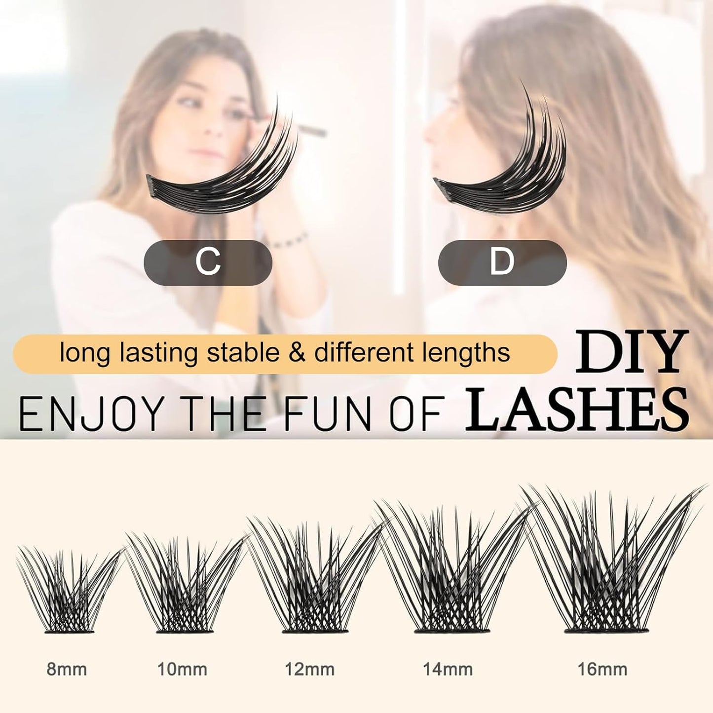 QUEWEL Cluster Lashes 72 Pcs Wide Stem Individual Lashes C/D Curl 8-16mm Length DIY Eyelash Extension False Eyelashes Soft for Personal Makeup Use at Home (H03-D-MIX8-16)