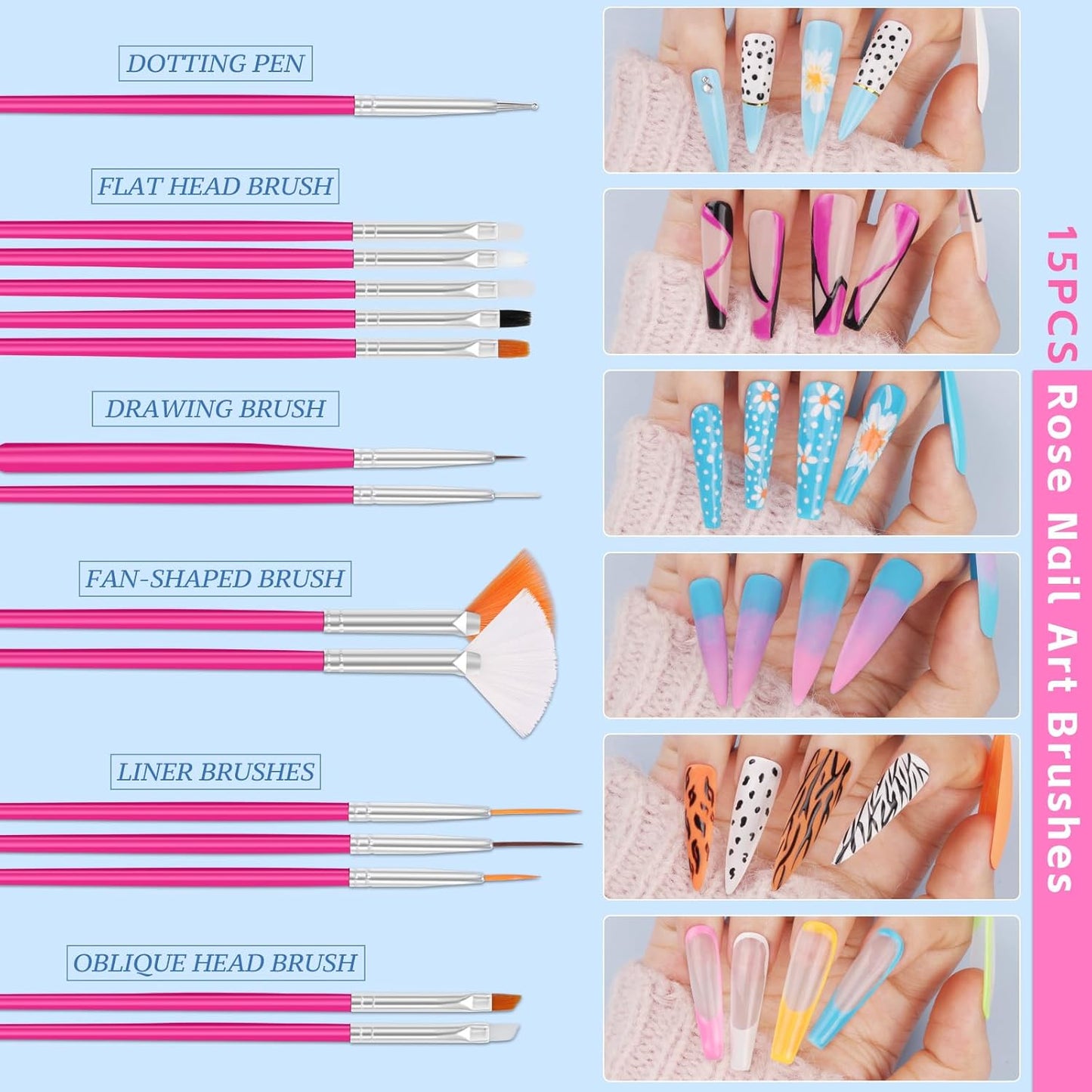 Nail Art Kit for Beginners with Nail Brushes Set and Dotting Tools, Jumbo Holographic Glitter Sequins Mixed Flower Heart Glitter Flake Colorful Striping Tape Fruit Slices with Tweezers (01-Rose)