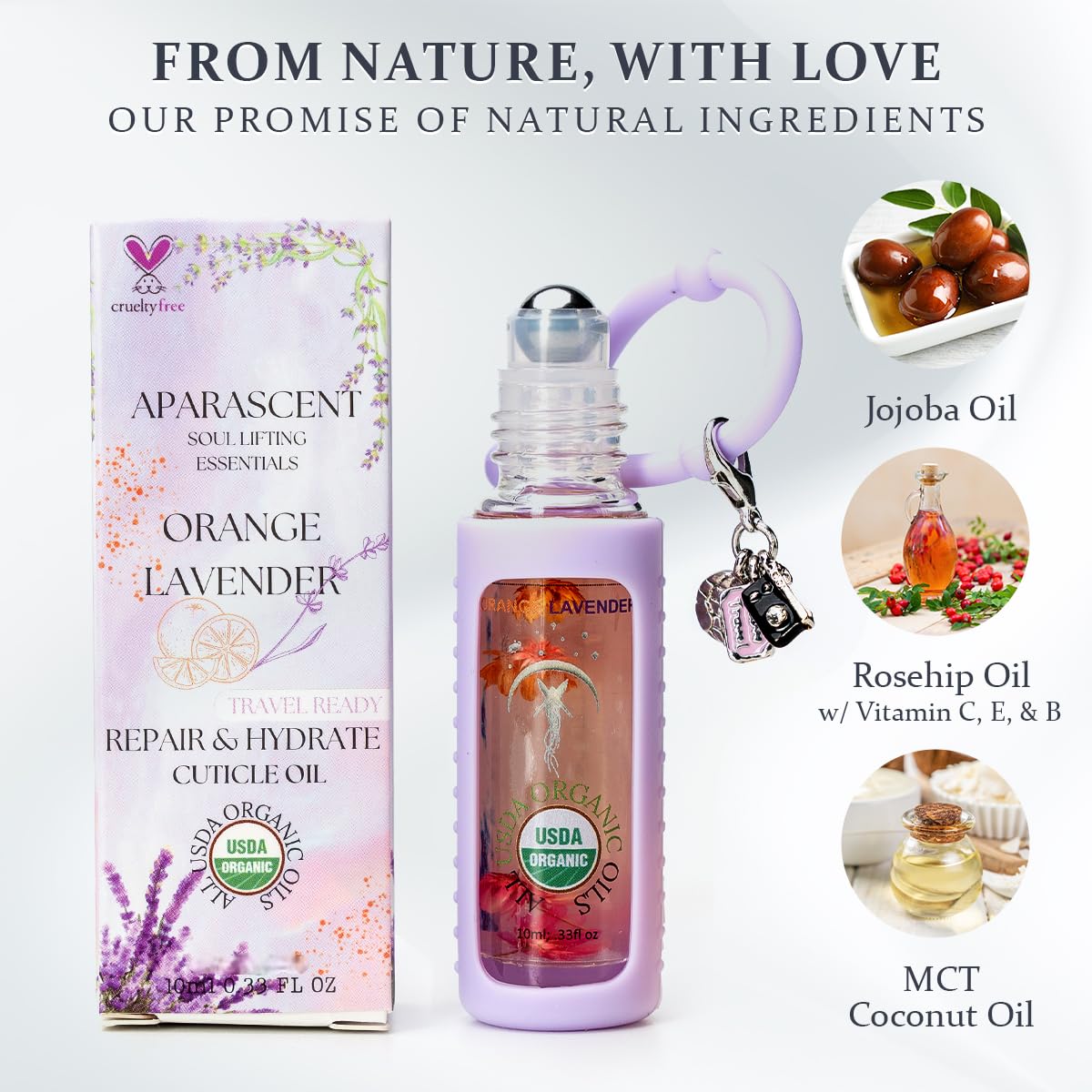 Orange Lavender Organic Nail Cuticle Oil Pen with Jojoba, Coconut MCT, and Rosehip for Nail Hydration, Growth & Strength, Travel Size Keychain(0.34 Fl Oz)