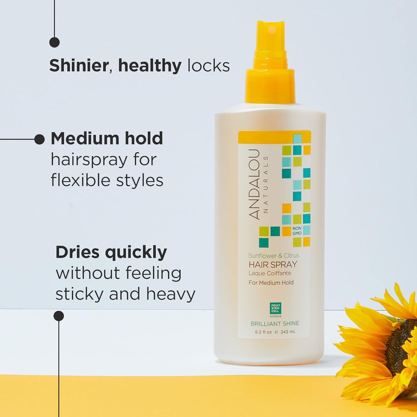 Andalou Naturals Sunflower & Citrus Brilliant Shine Hair Spray | Styling for Shine & Medium Hold | Aloe Vera for Frizz Control | Natural & Cruelty Free | 8.2 fl oz