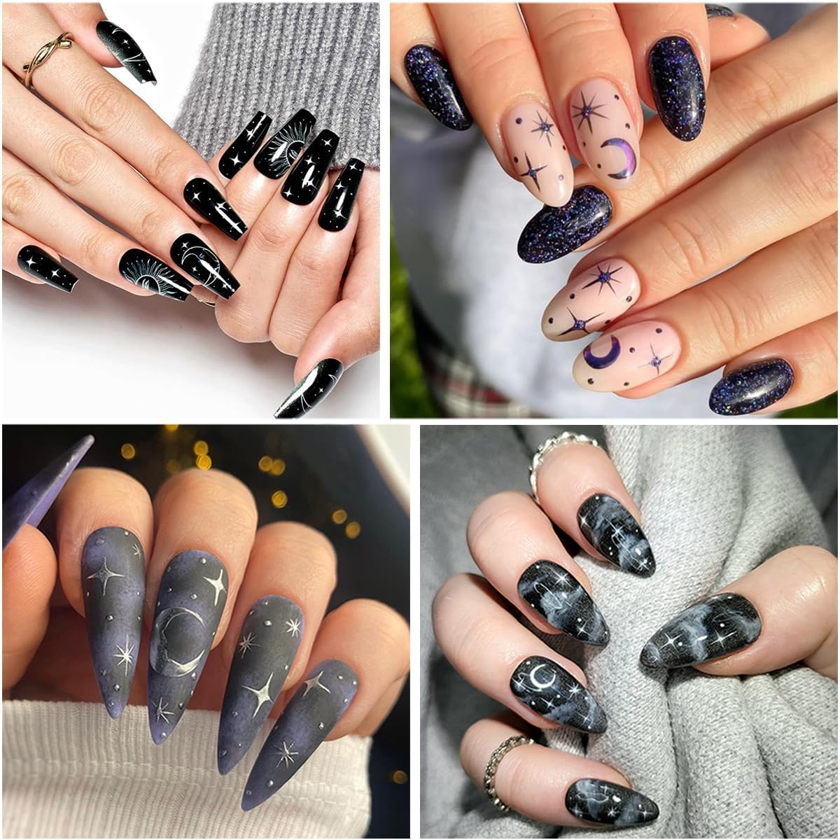 Silver Star Sun Nail Art Sticker Decals 3D Moon Nail Stickers 8 Sheets Self-Adhesive Sun Moon Star Nail Charm Design Nail Art Supplies Snake Eyes Nail Decals for Women Acrylic Nails Salon Decorations