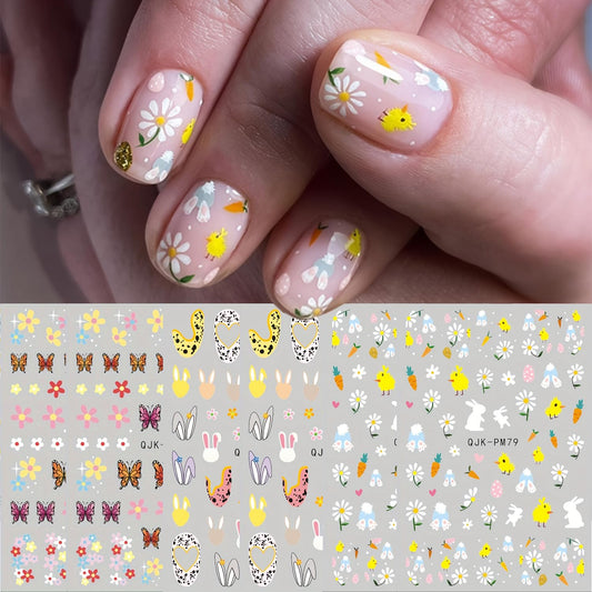 6Sheets Easter Nail Art Stickers Decals Cute Bunny Flower Designs 3D Self-Adhesive Nail Decals Spring Nail Decorations Floral Daisy Butterfly DIY Nail Supplies Easter Nail Accessories for Women Kids