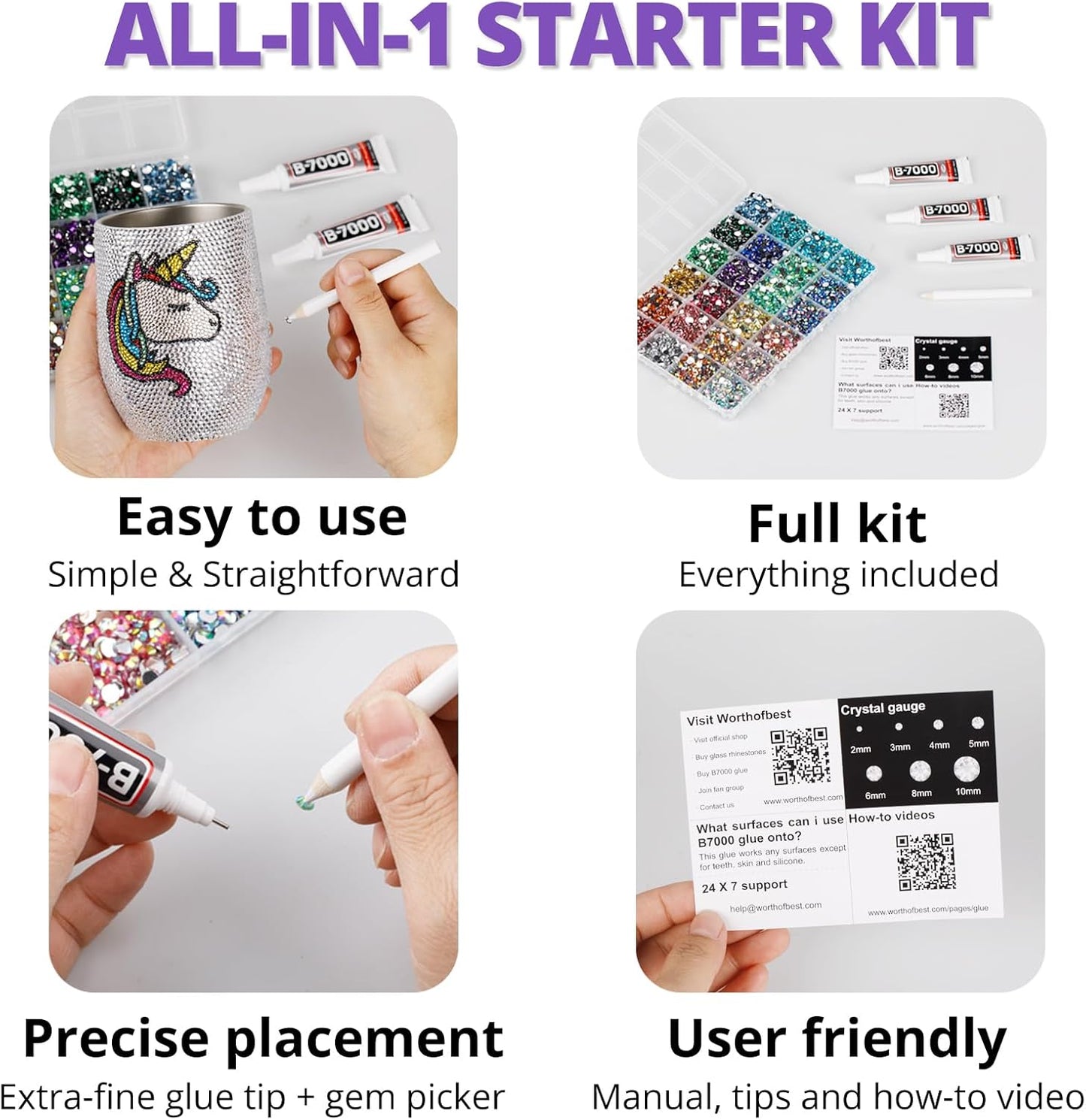 30000Pcs Resin Rhinestones Set for Crafting Bedazzling, Lavender Flatback Gems Jewels for Crafts Clothes Shoes Fabric Outfit Nails Makeup, Flat Back Crystal 2-6mm with b 7000 Glue