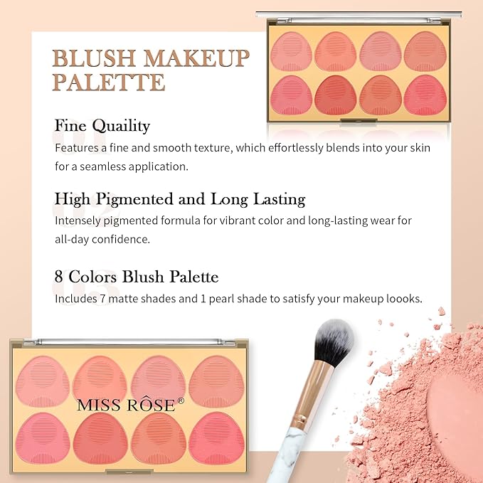 DAGEDA 8 Colors Blush Palette Makeup, Natural Face Blush for Cheeks, Smooth Powder Blush Palette with Brush,Facial Makeup Blushes Set