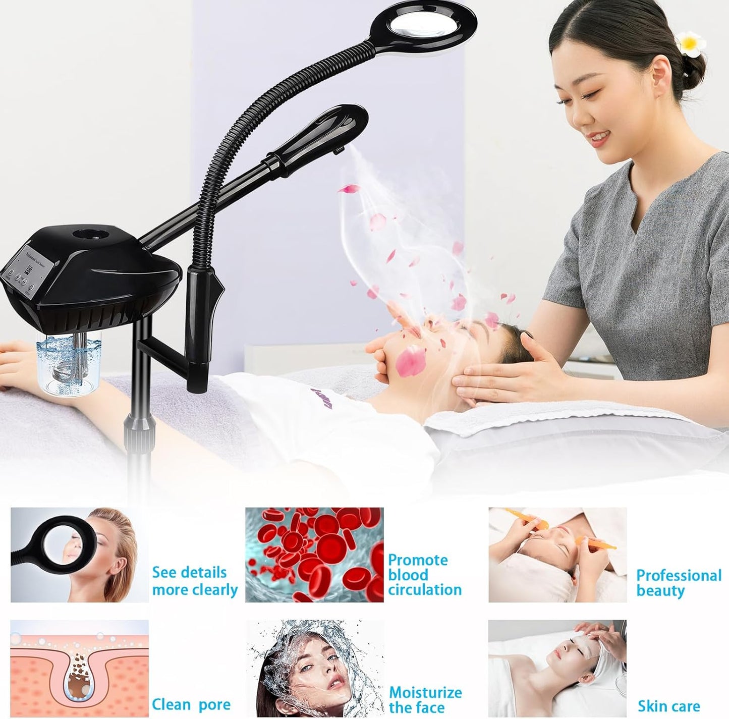 Professional Facial Steamer on Wheels, 2-in-1 Facial Steamers with 5X Magnifying Lamp, Facial Steamer for Facial Deep Cleaning, Facial Humidifier for Spa, Salon and at Home Use