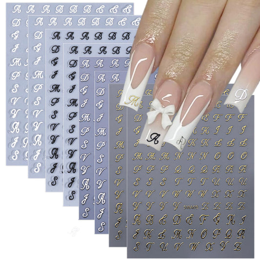 8 Sheets Retro English Letters Nail Stickers for Nail Art 3D Self-Adhesive Black White Gold Silver Design Nail Decals Pegatinas Uñas Personalized Letter Nail Art Stickers for Women DIY Manicure Tip