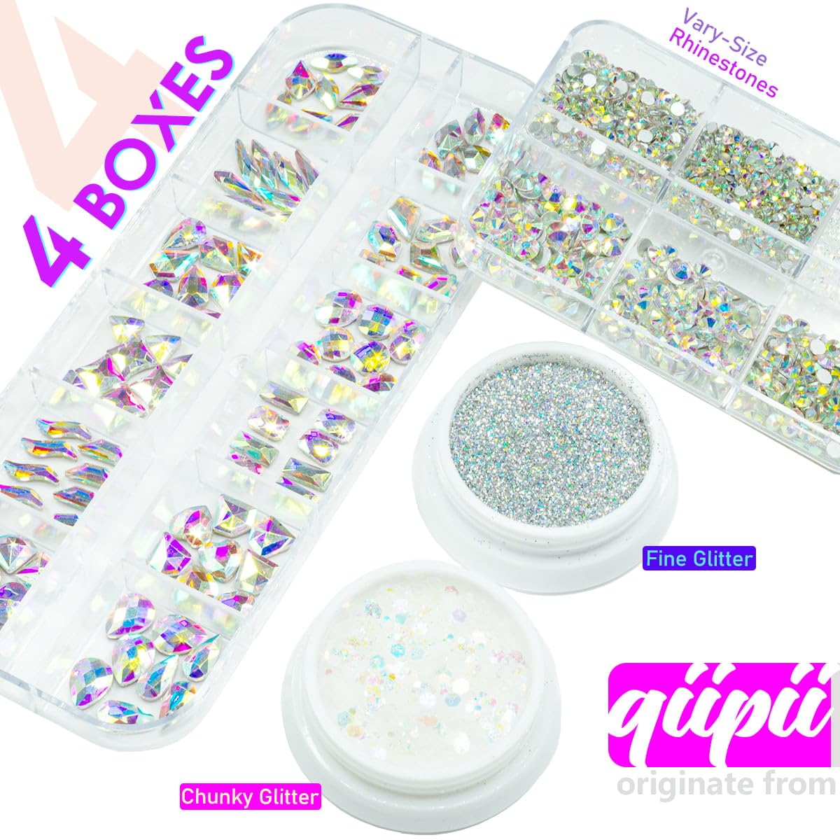 4 Boxes AB Crystal Nail Rhinestones Glitters Powder 24 Shapes K9 Glass White AB Gems Flatback Round Stones Diamonds Crystals Nail Art Charms Supplies for Acrylic Nails Face Makeup DIY Crafts Tumblers