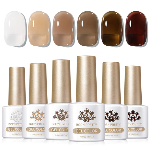 Born Pretty Jelly Gel Nail Polish Fall Winter Brown Chocolate Nude Skin Tone Milky White Gel Polish Neutral Beige Khaki Gel Polish Kit Nail Art Kit for Salon Manicure and DIY at Home 6PCS 7ML