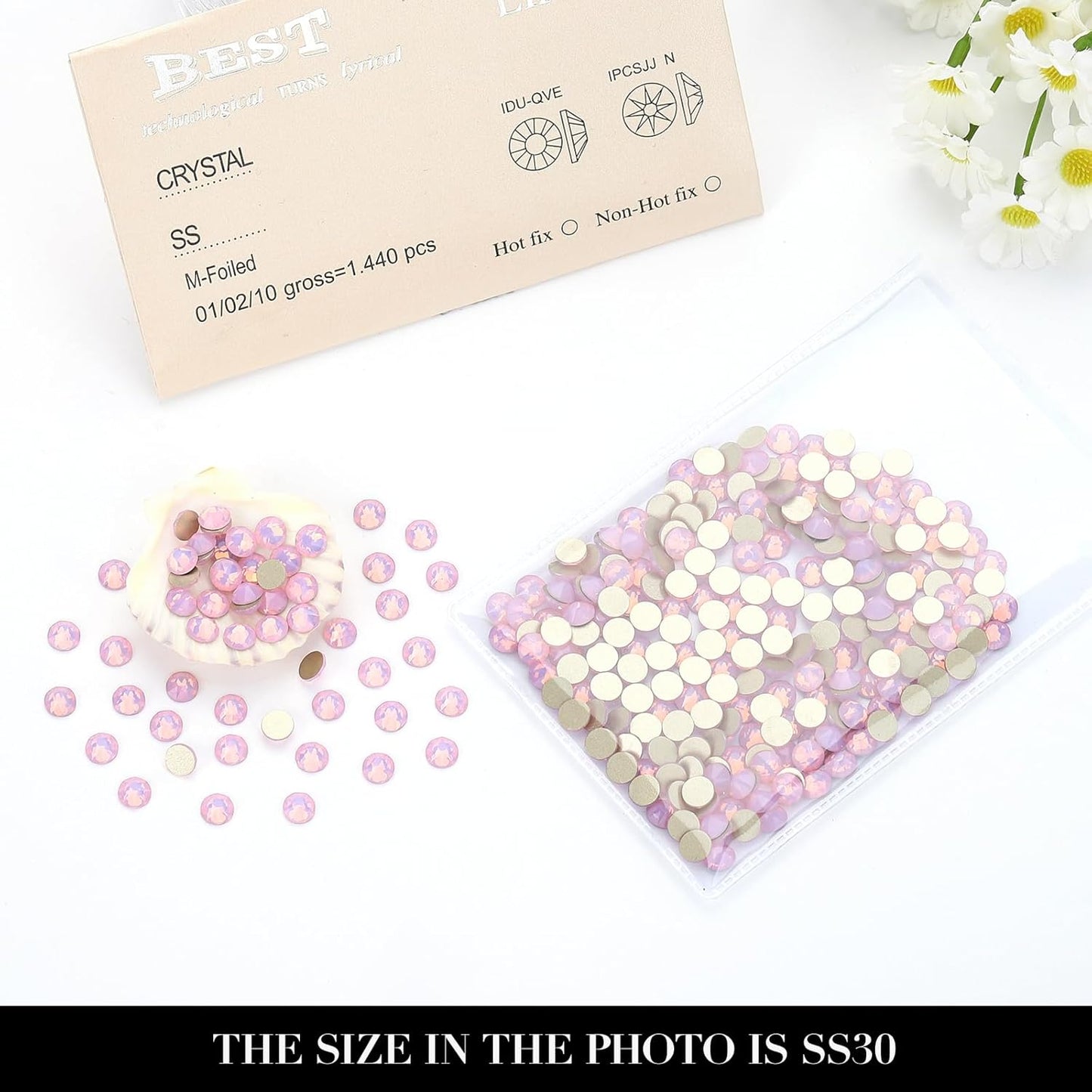 Novani Pink Opal Rhinestones 288pcs Flat Back Round Rhinestone Style 2088 Sparkly Crystal Gemstones for Nail Art and Crafting SS30,6.4-6.6mm
