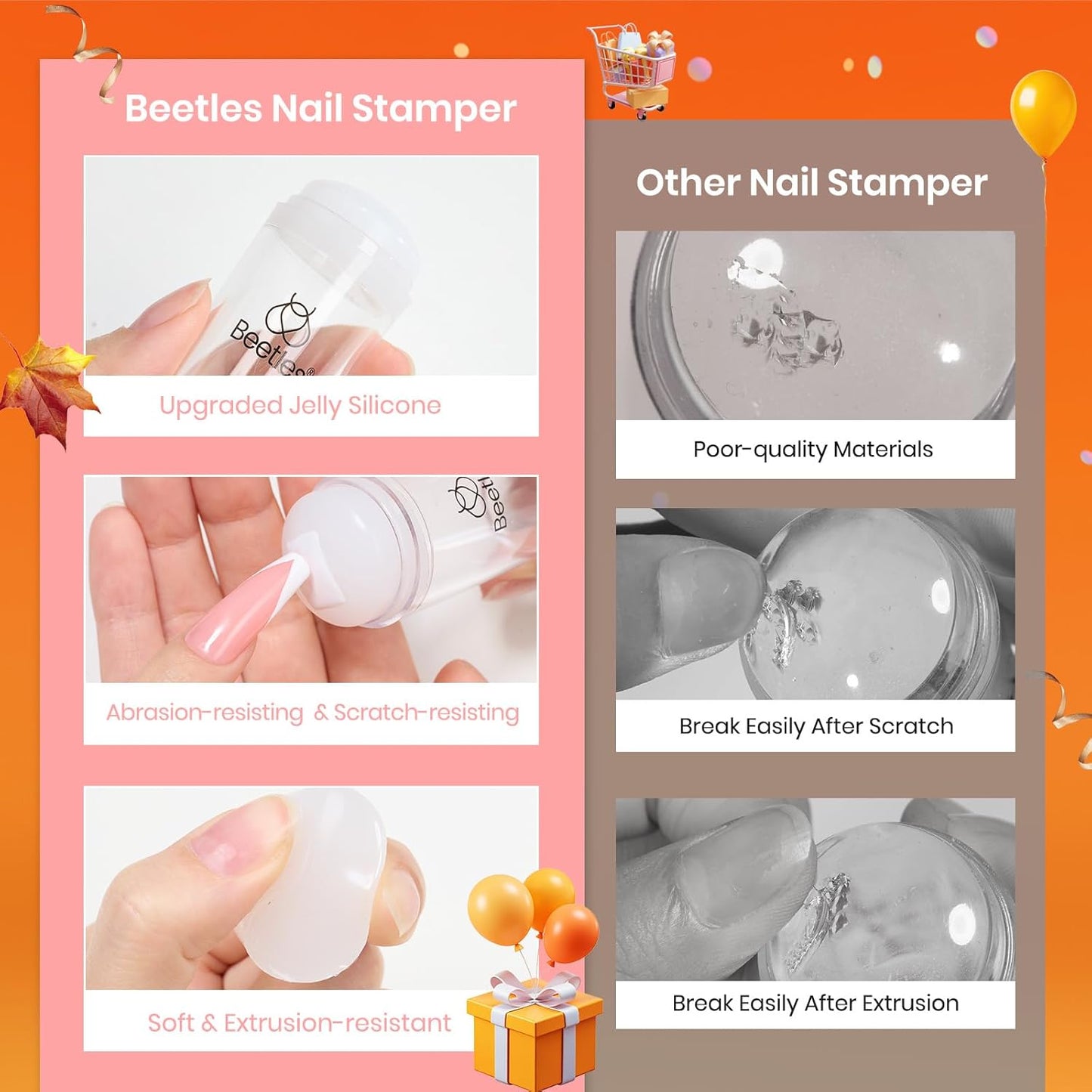 Beetles Nail Stamp, 4Pcs French Tip Tool Easy Manicure Nail Stamper Single Head Soft Silicone Long & Short French Tip Stamp Tool with 2Pcs Nail Scraper Decorations Gift for Women