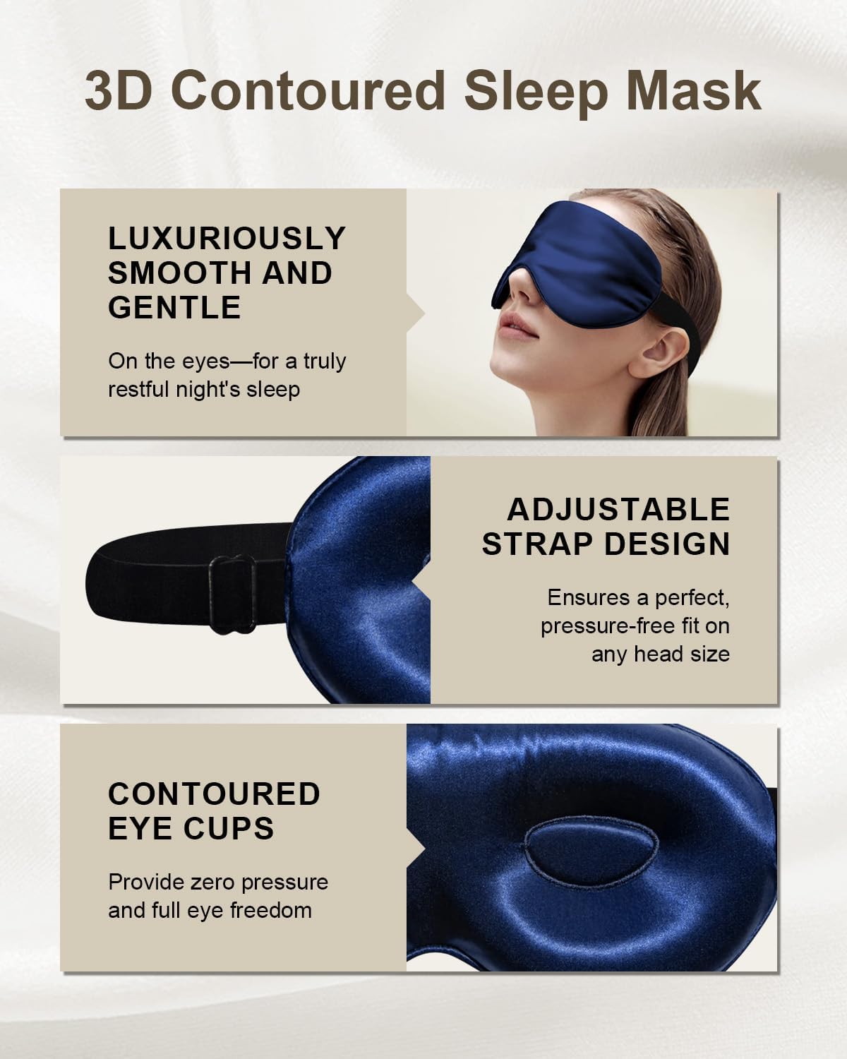 Luxury 22 Momme 100% Mulberry Silk Sleep Mask – 3D Eye Mask with Adjustable Strap, Gentle on Skin and Eyes, Provides Complete Light Blockage for Deep Sleep (Navy, Adjustable)