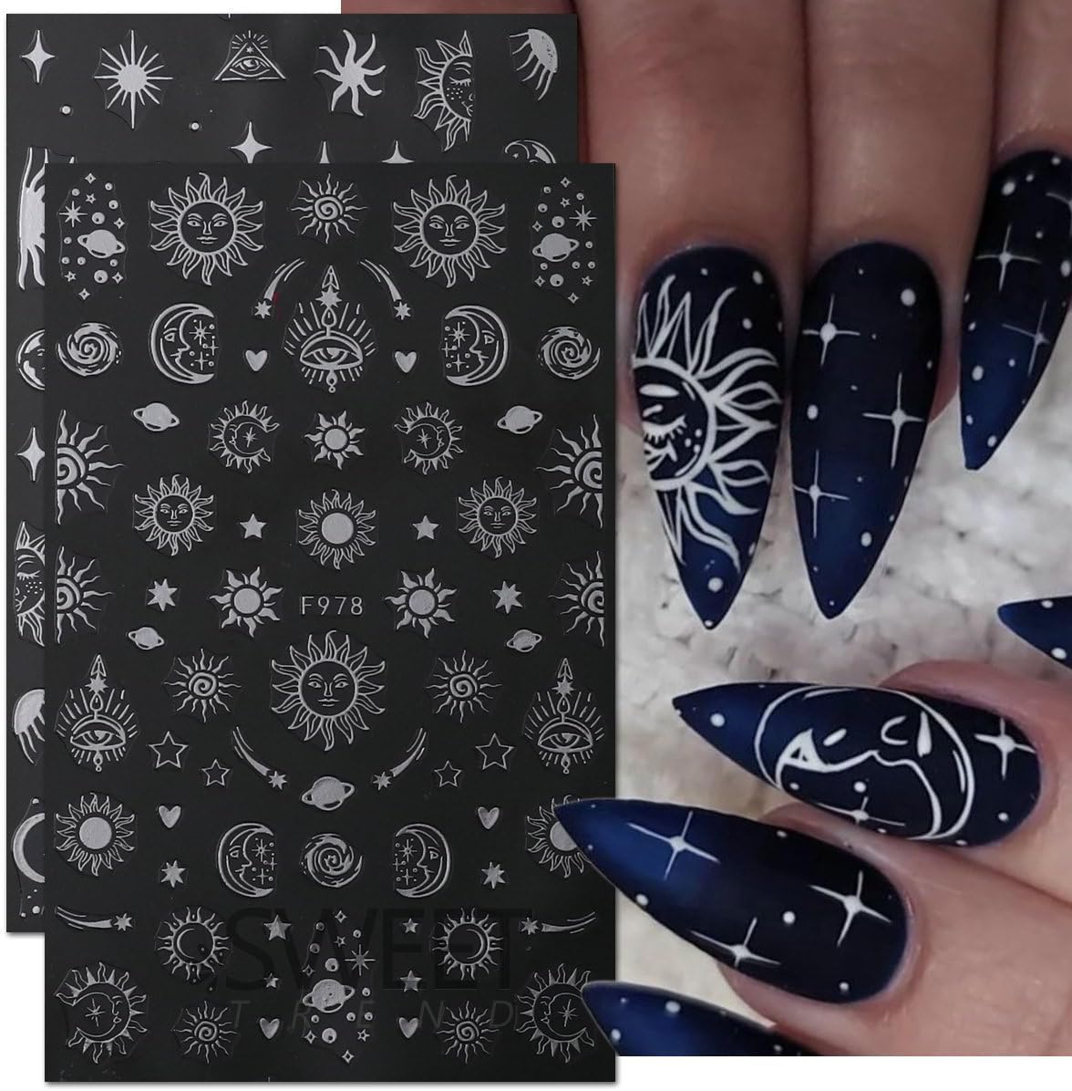 Silver Star Sun Nail Art Sticker Decals 3D Moon Nail Stickers 8 Sheets Self-Adhesive Sun Moon Star Nail Charm Design Nail Art Supplies Snake Eyes Nail Decals for Women Acrylic Nails Salon Decorations