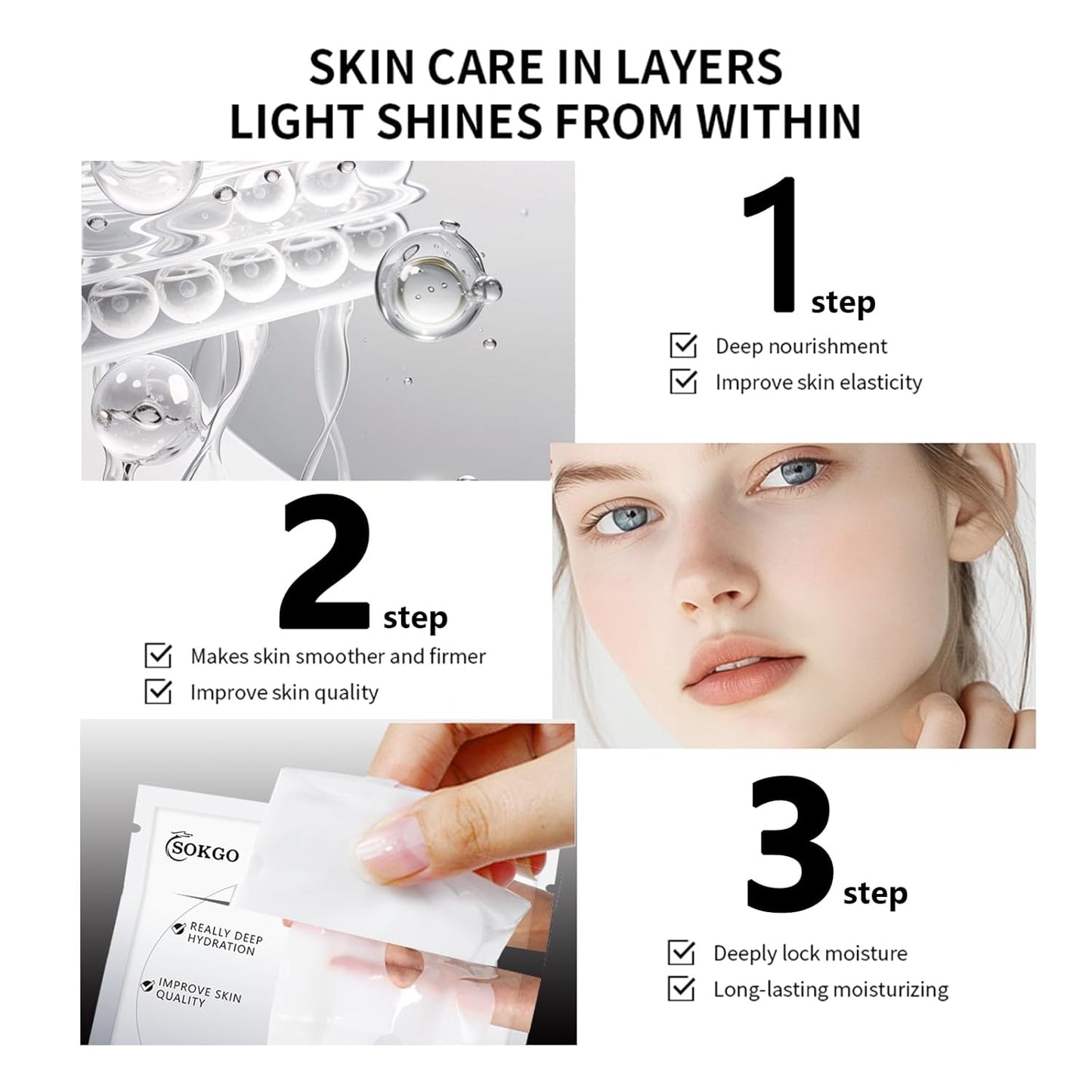 Low Molecular Weight Collagen Overnight Hydrogel Mask, Enhances Skin Elasticity, Reduces Pores, Transforms from White to Transparent Upon Absorption Skin Care Treatment.
