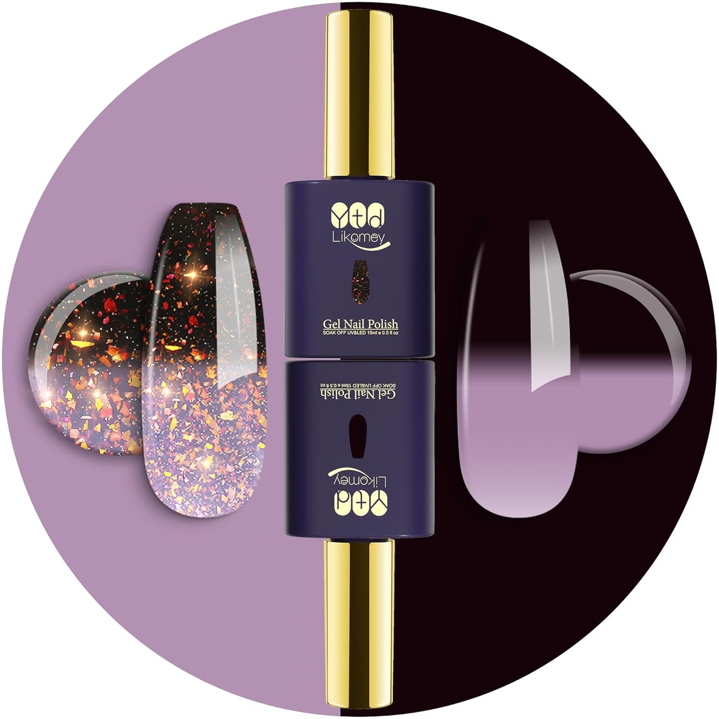 YTD Likomey Color Changing Gel Nail Polish 2 Pcs Set,15ml Grayish Purple to Black Pure Color and Brocade Glitter Kit,Fall Winter Thermal Ombre Change Colors Manicure UV Varnish,2 Pcs 15ml,WB2-05