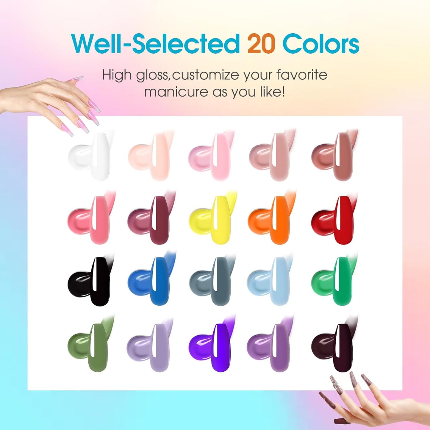 ROSALIND 20 Colors Poly Nail Gel Kit with Mini Nail Lamp Glitter Poly Nail Gel Kit Collection with Tools Clear All Seasons Classic Colors Halloween Starter Kit