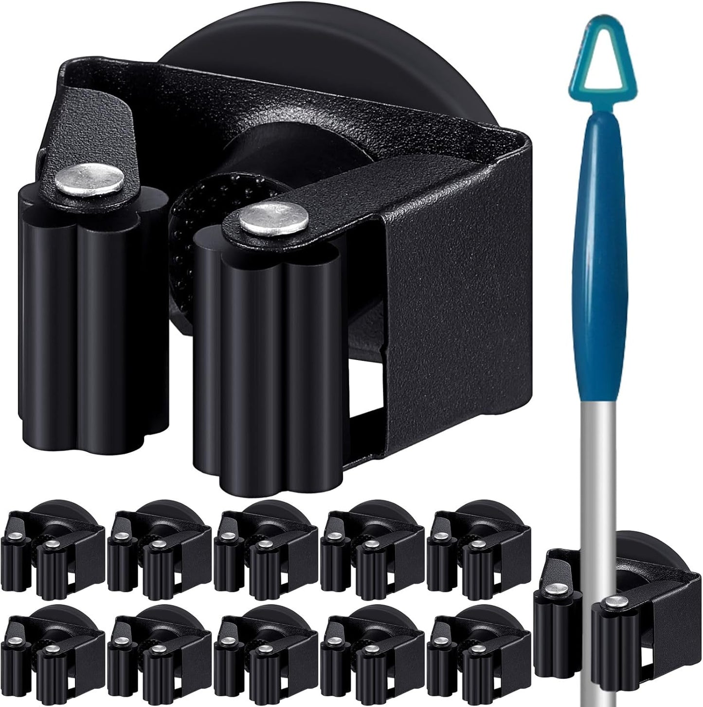 10 Pcs Magnetic Mop Broom Holder Movable Magnetic Broom Holder Rack, Anti Slip Wall Mounted Utility for Cleaning Tools, Garage, Kitchen, Laundry, Garden (Black)