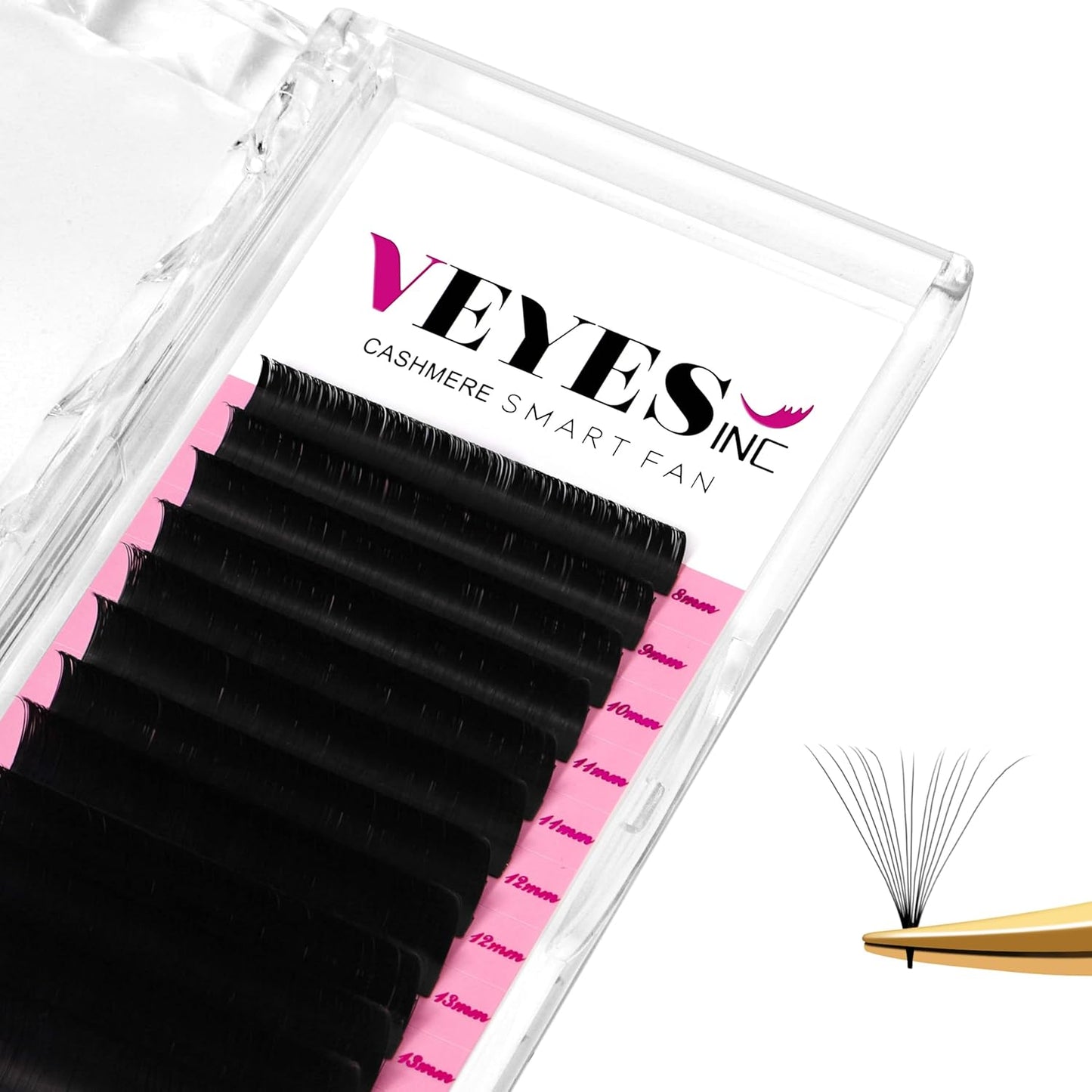 VEYES INC Cashmere Smart Fan Lash Extensions 0.03 0.05 0.07 C/CC/D Curl 8-20mm Mixed & Single Length, Super Matte Black Volume Lashes, Professional Supplies for Lash Techs (0.03 D 8-16mm)