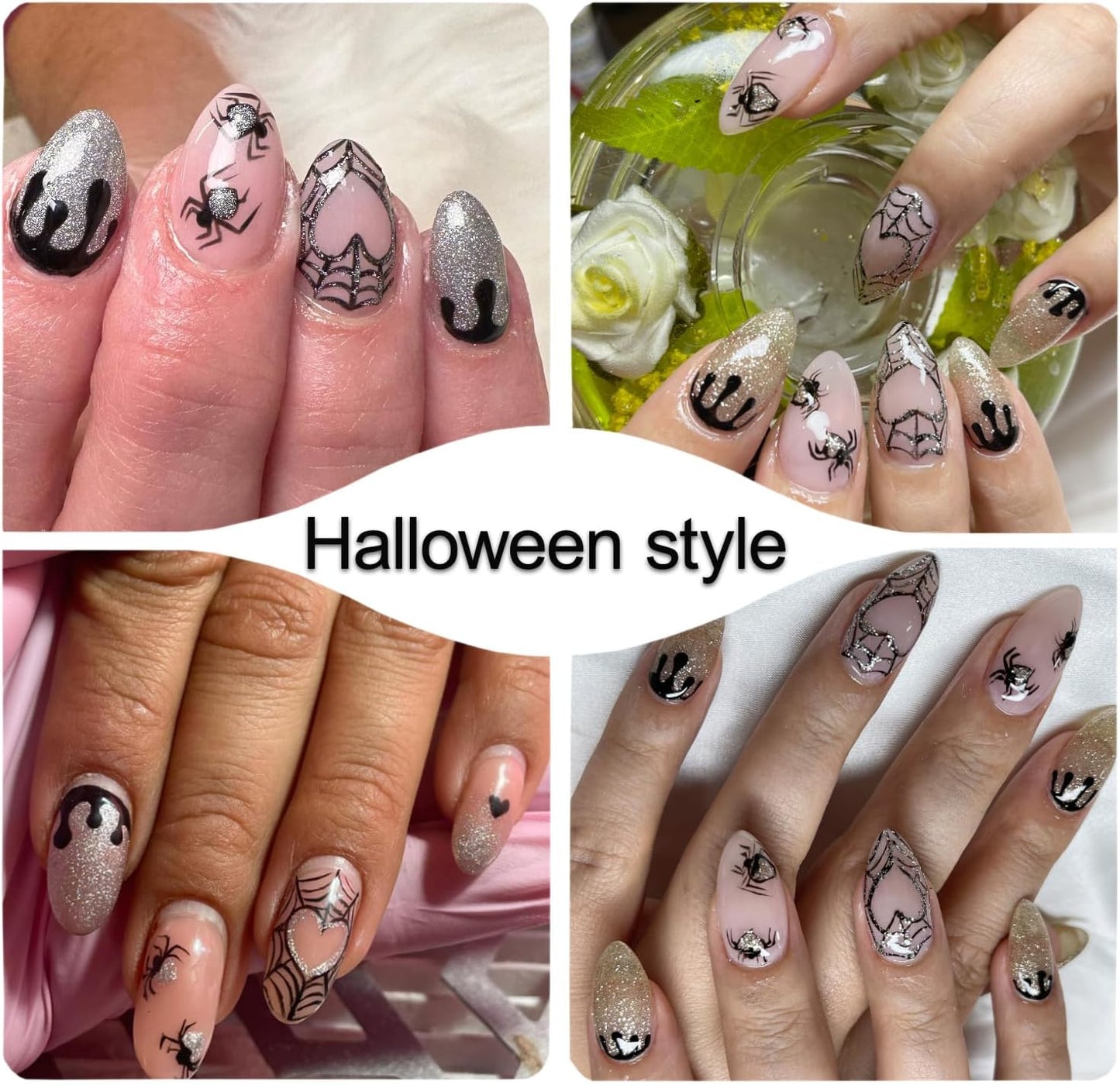 8 Sheets Halloween Nail Art Stickers 3D Self-Adhesive Shiny Gold White Silver Spider Web and Spider with Glitter Nail Art Design Sticker Festival Spiders Nail Stickers for DIY Manicure Decoration