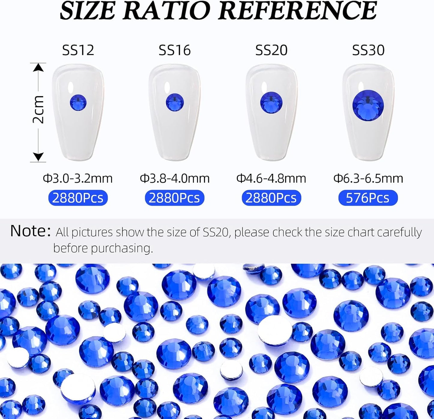 Sapphire Flatback Rhinestones, Glass Rhinestones for Nail Art and Craft, Glue Fix, Loose Crystal Gemstones(Blue, SS12, 2880pcs, 2.9-3.0mm)