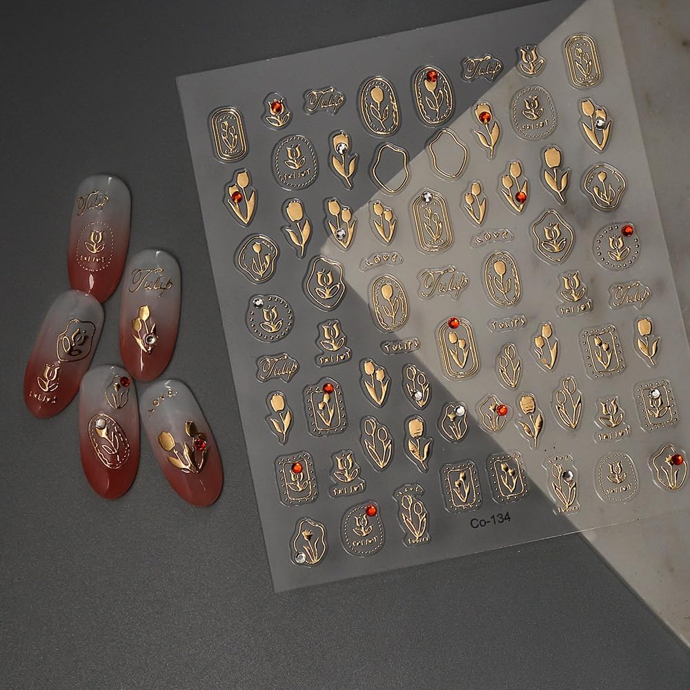 Gold Nail Stickers Flower Nail Decals for Nails Art Tulip Nail Art Stickers with Rhinestone Design 5D Embossed Self Adhesive Nail Decals for Women Girls Kid Manicure DIY Decoration Supply Charms